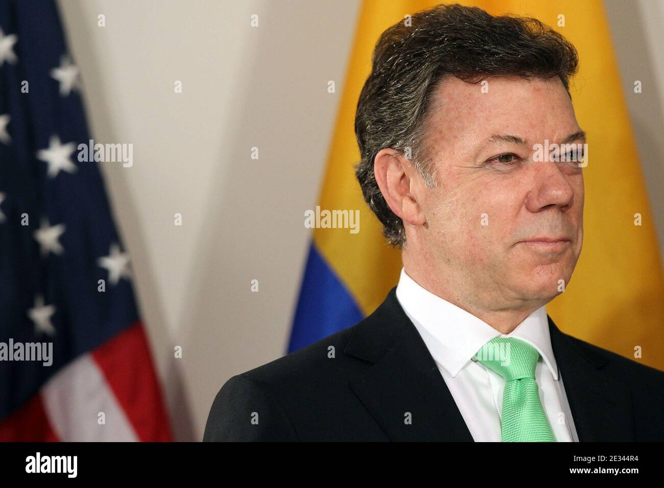 President Juan Manuel Santos Calderon of Colombia attends a bilateral meeting with U.S. President Barack Obama (not pictured) in New York City, NY, USA on September 24, 2010. Obama has been in New York since Wednesday attending the annual General Assembly at the United Nations, where yesterday he stressed the need for a resolution between Israel and Palestine, and a renewed international effort to keep Iran from attaining nuclear weapons. Photo by Spencer Platt/ABACAPRESS.COM (Pictured: Juan Manuel Santos Calderon) Stock Photo