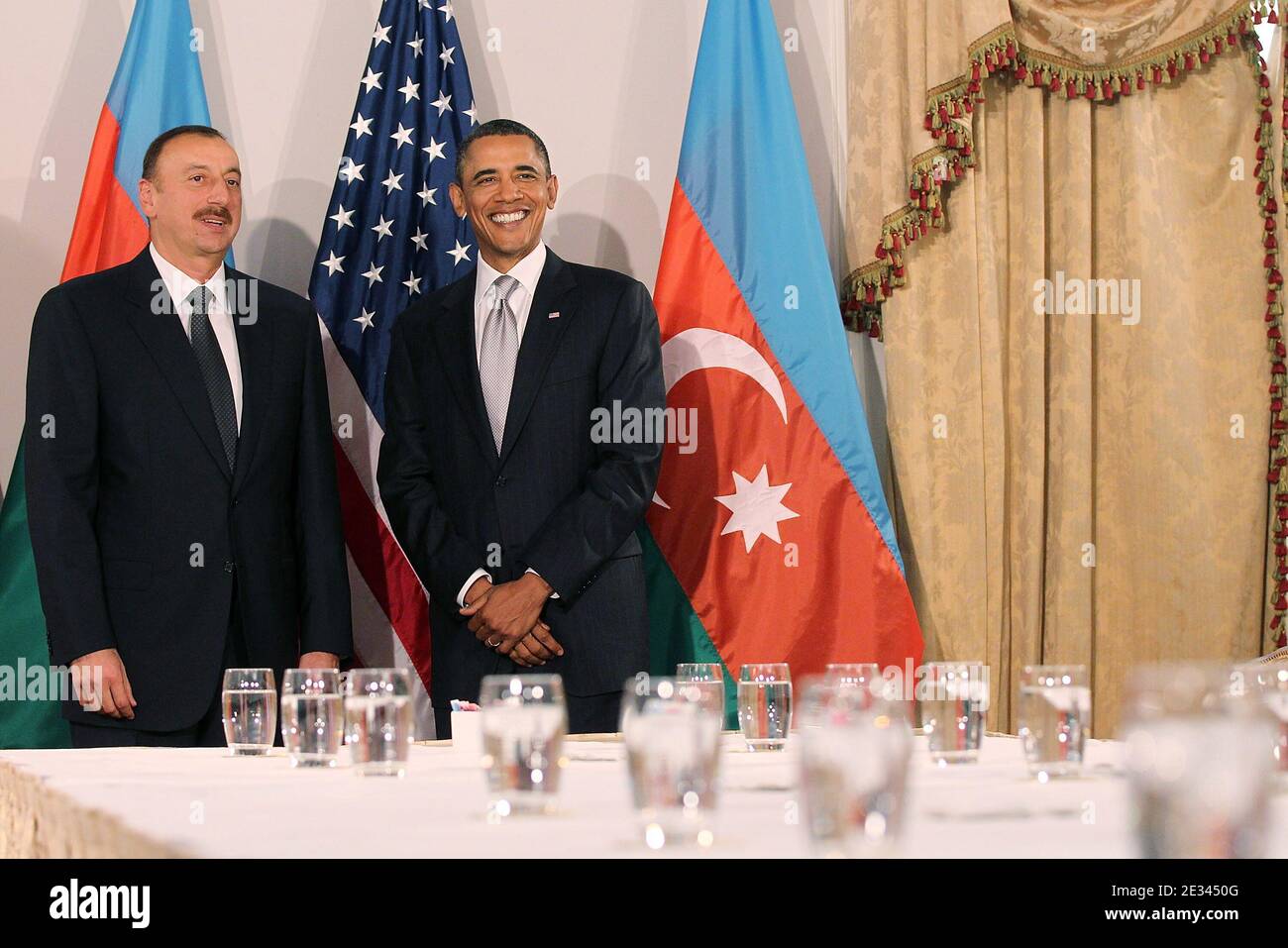 U.S. President Barack Obama (R) shakes hands with President Ilham Aliyev of Azerbaijan at a bilateral meeting in New York City, NY, USA on September 24, 2010. Obama has been in New York since Wednesday attending the annual General Assembly at the United Nations, where yesterday he stressed the need for a resolution between Israel and Palestine, and a renewed international effort to keep Iran from attaining nuclear weapons. Photo by Spencer Platt/ABACAPRESS.COM (Pictured: Barack Obama, Ilham Aliyev) Stock Photo