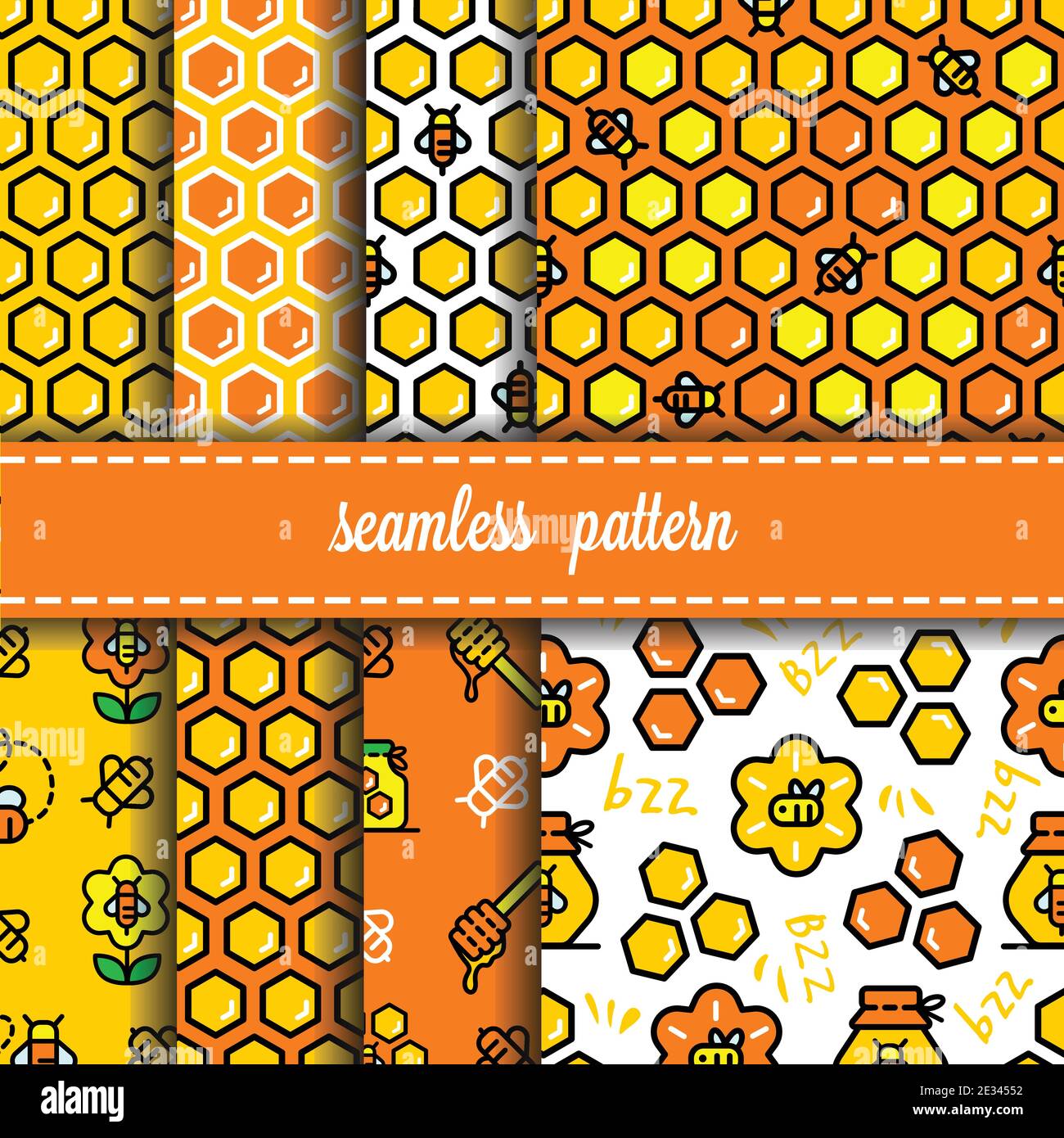 Seamless vector yellow honeycomb pattern set. Honey background with bee ...
