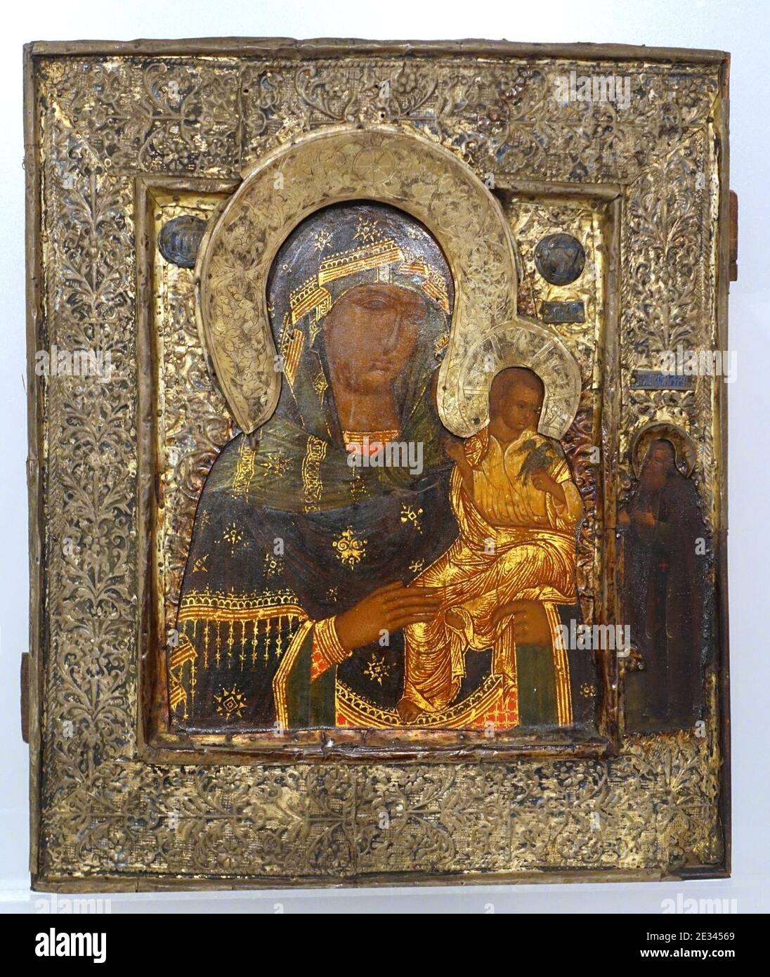 Madonna and Child Holding Dove, Russia, artist unknown, late 1500s AD, tempera on panel - Stock Photo