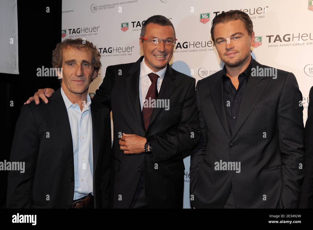 Alain Prost, Jean-Christophe Babin( CEO of Tag Heuer), Leonardo DiCaprio  attending the Tag Heuer 150th