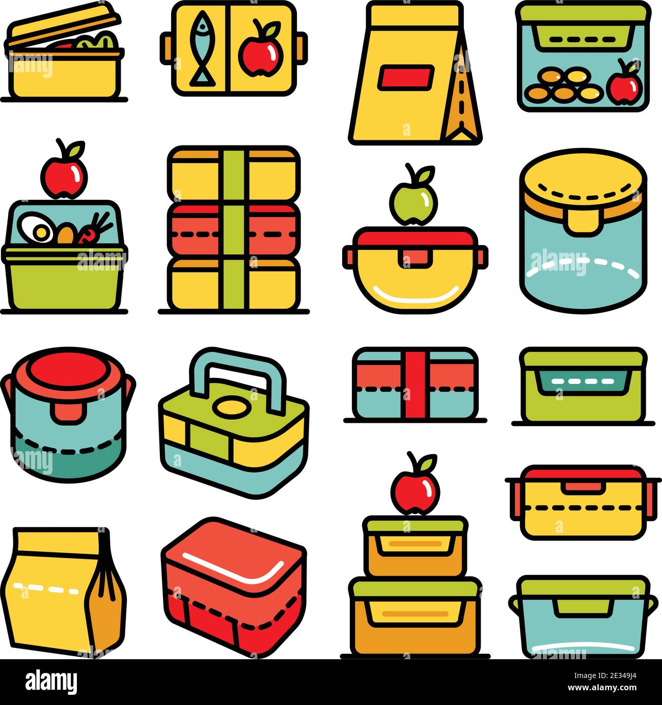 Lunchbox color outline icon set. Illustration set of lunchbox icon vector for web design isolated on white Stock Vector