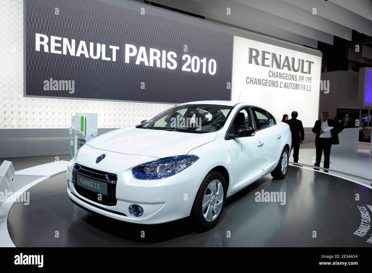 New Renault Fluence ZE electrical car at the Paris Motor Show 'Mondial de l' Automobile' in Paris, France on September 30, 2010. The Paris Motor Show takes place every two years and is one of the largest expositions of motor vehicles in the world. This year, the emphasis of the show lies on electric cars and more than 300 exhibitors from 20 countries are expected to take part. Photo by Henri Szwarc/ABACAPRESS.COM Stock Photo