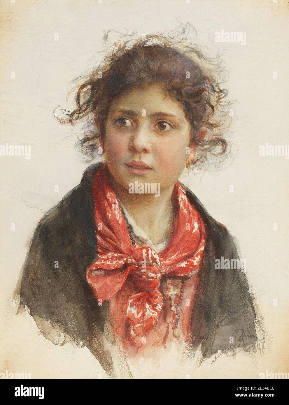 Ludwig Passini - Bildnis eines scheuen Mädchens mit rotem Halstuch und zerzausten Locken. Stock Photo