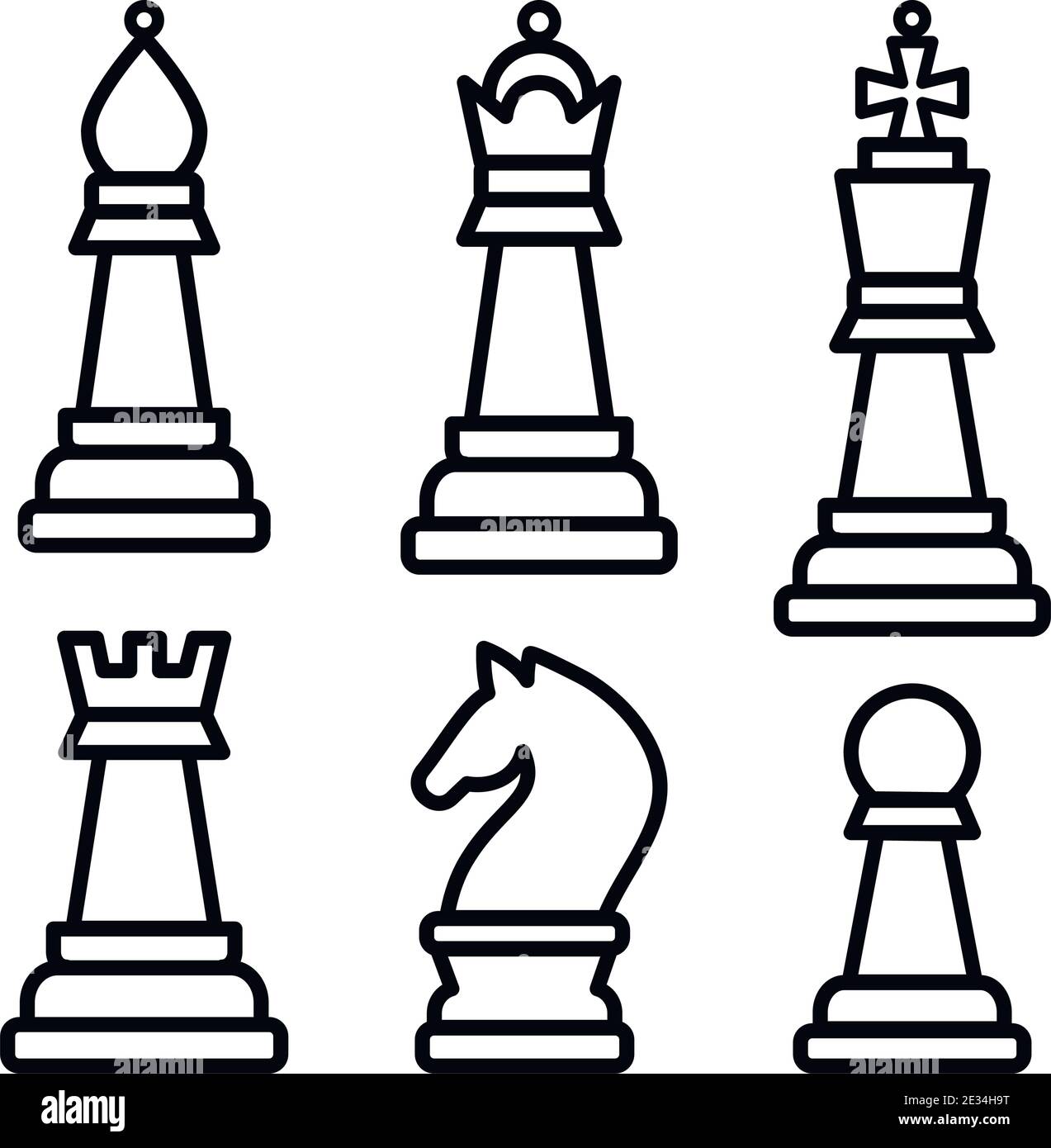 Chess Pieces. King Queen Rook Pawn Knight and Bishop. Vector Illustration Icons Set in outline style. Stock Vector
