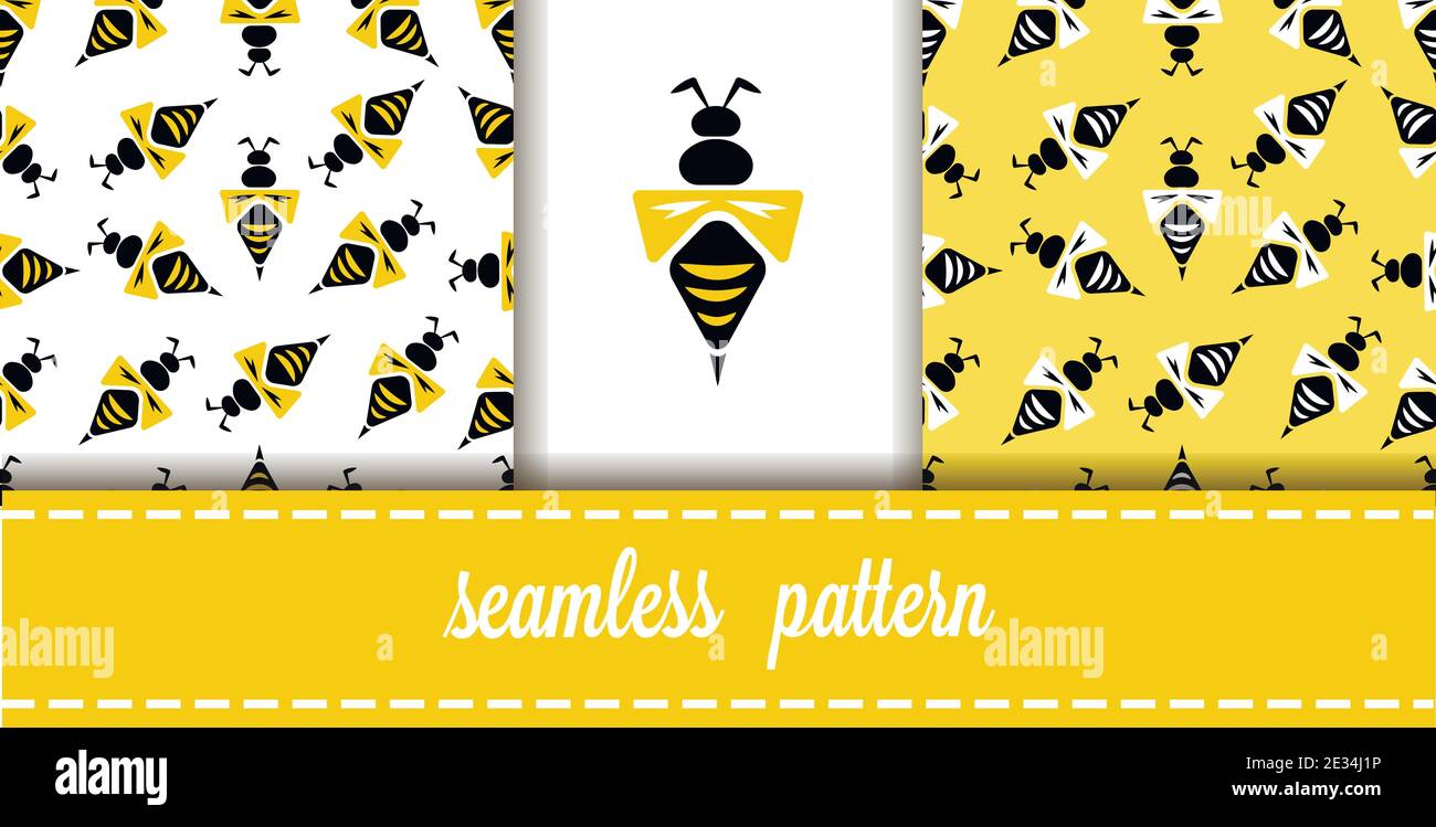 Vector Flat Seamless Patterns set Background with Wasps Stock Vector