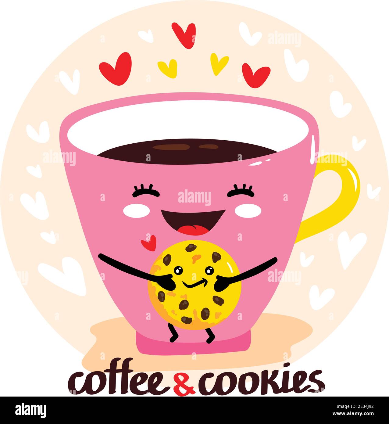 https://c8.alamy.com/comp/2E34J92/cute-vector-illustration-of-cup-of-coffee-holds-cookies-happy-kawaii-character-with-smiling-face-hearts-and-text-coffee-time-card-poster-print-2E34J92.jpg