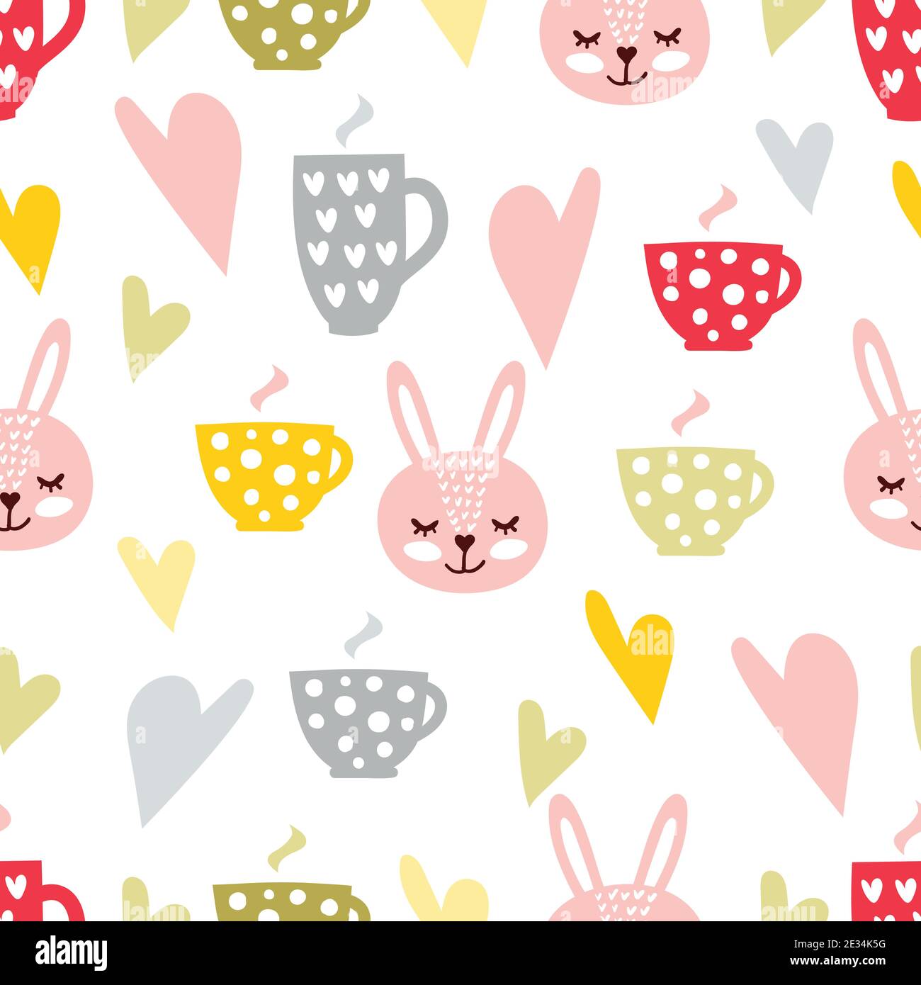 Coffee and tea vector seamless pattern or background with hearts and cute rabbits faces. Stock Vector