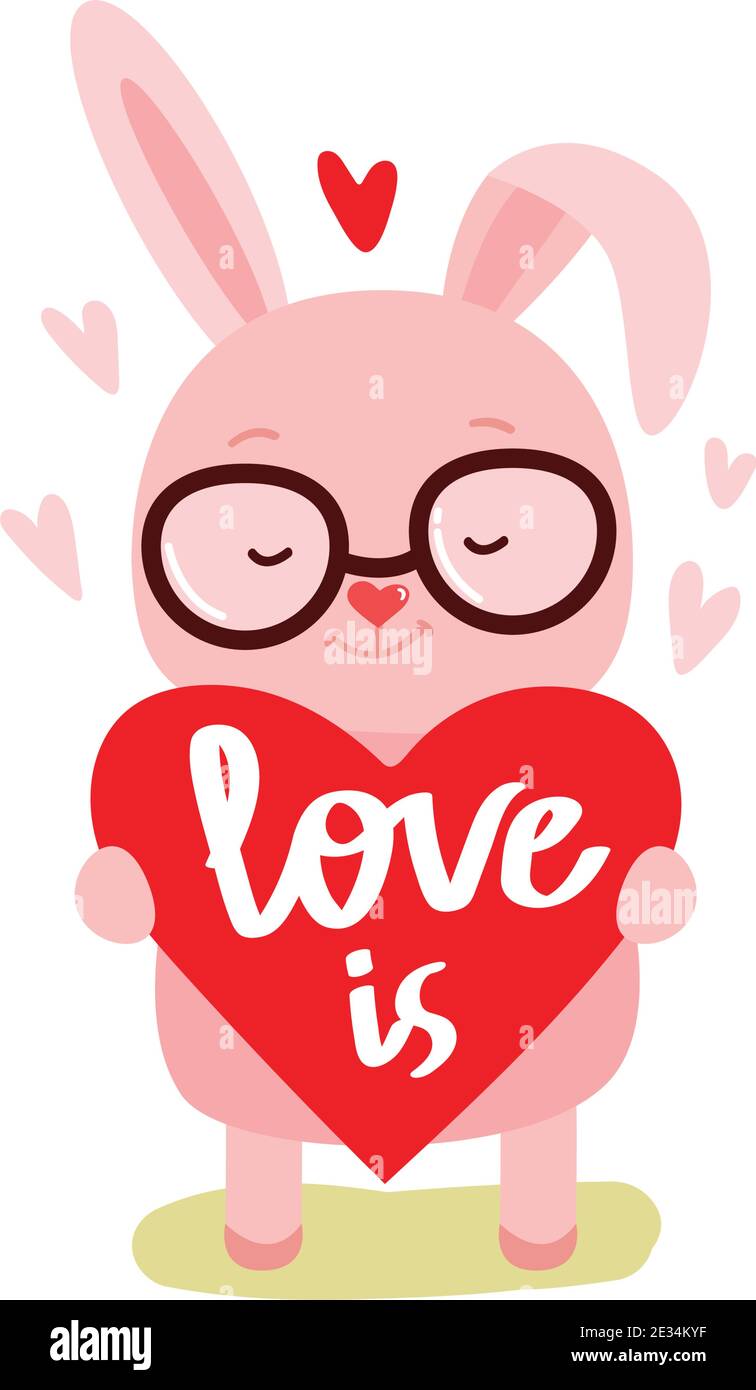 Cute rabbit stands and holds heart with text love you. Vector flat ...
