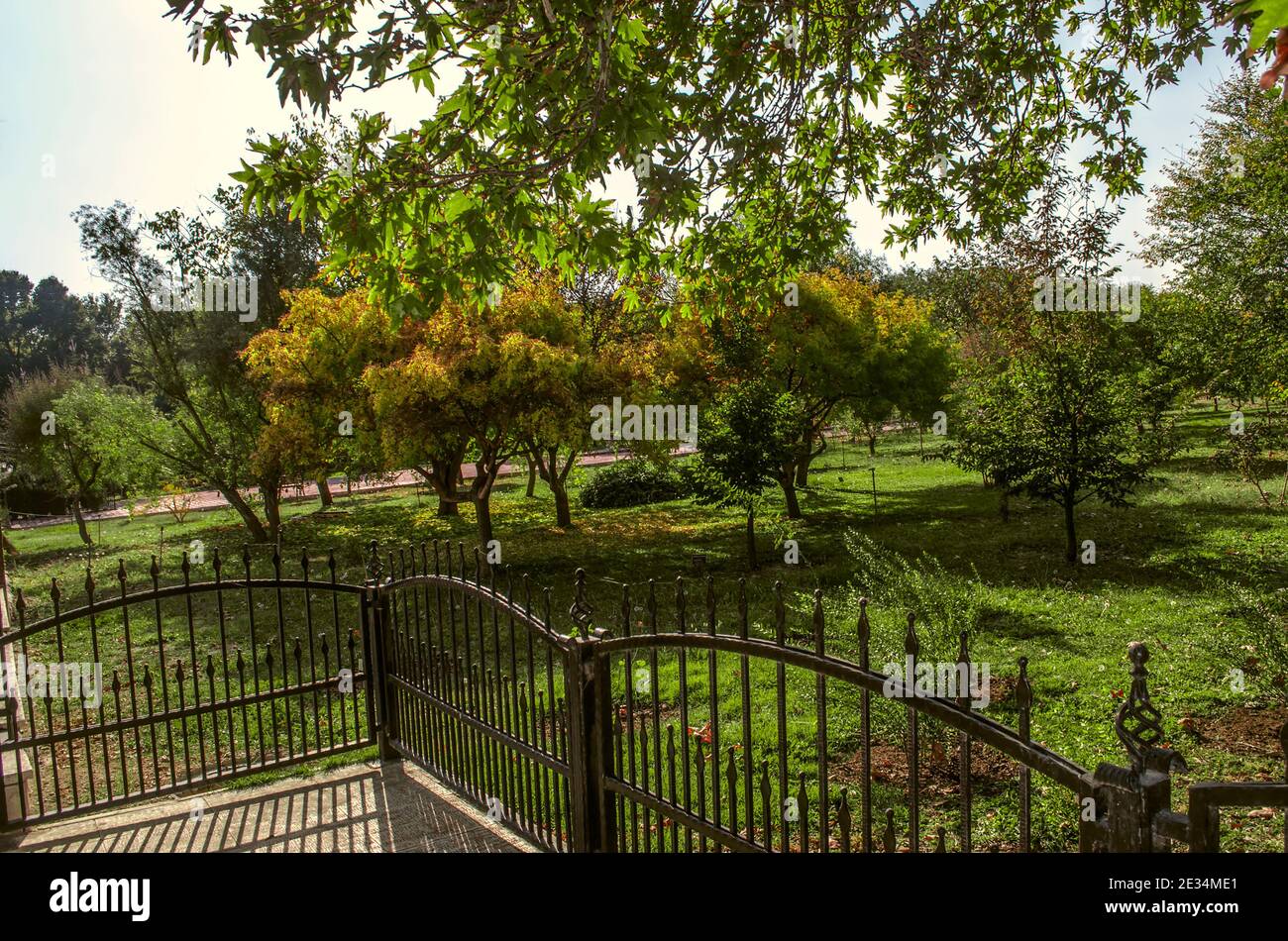 Decorative bridge with forged lattice railings leads to a lawn with trees in the Botanical Garden in the suburbs of Tehran on an autumn sunny day Stock Photo