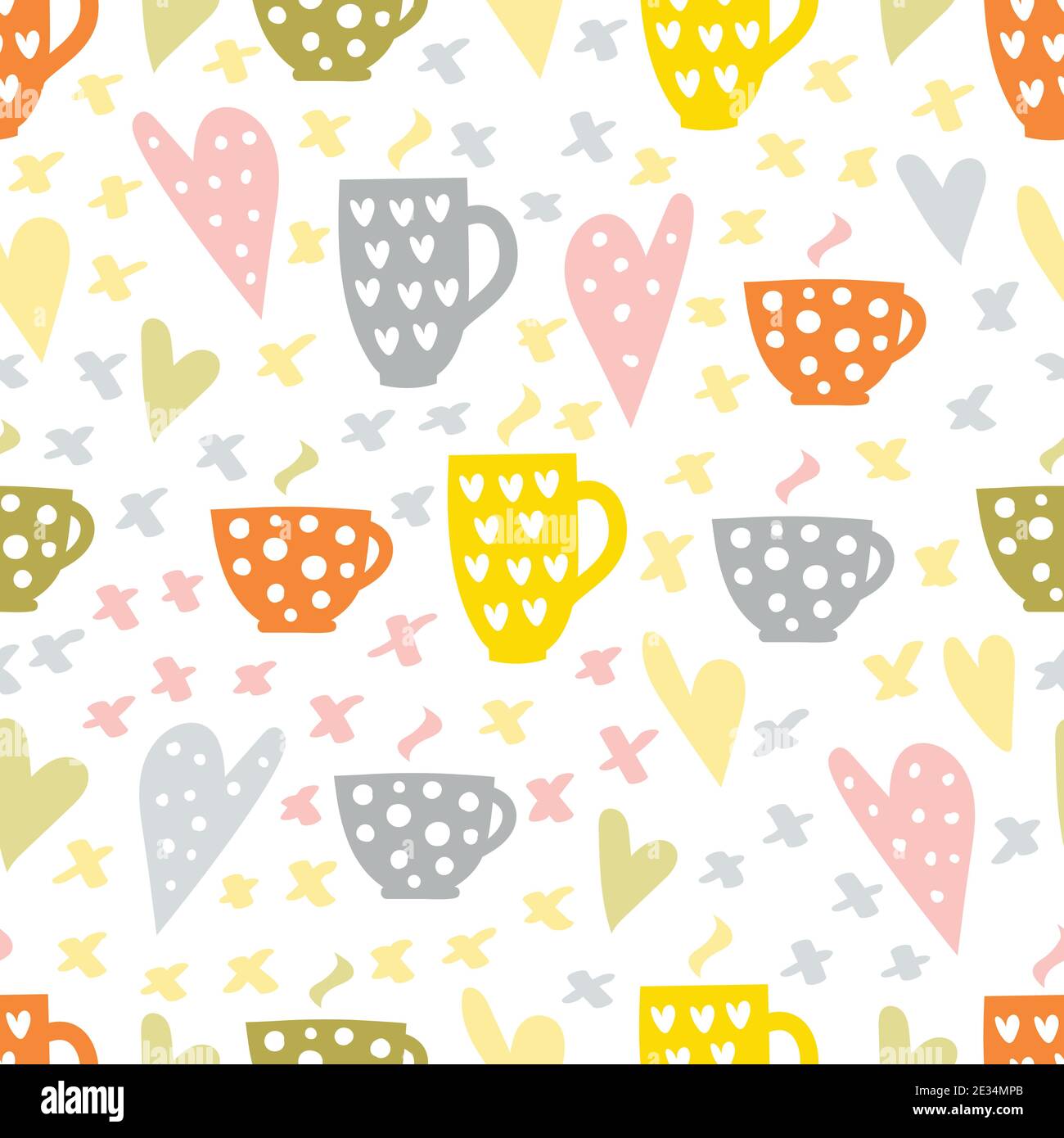 Coffee and tea cups vector seamless pattern or background with hearts. Stock Vector