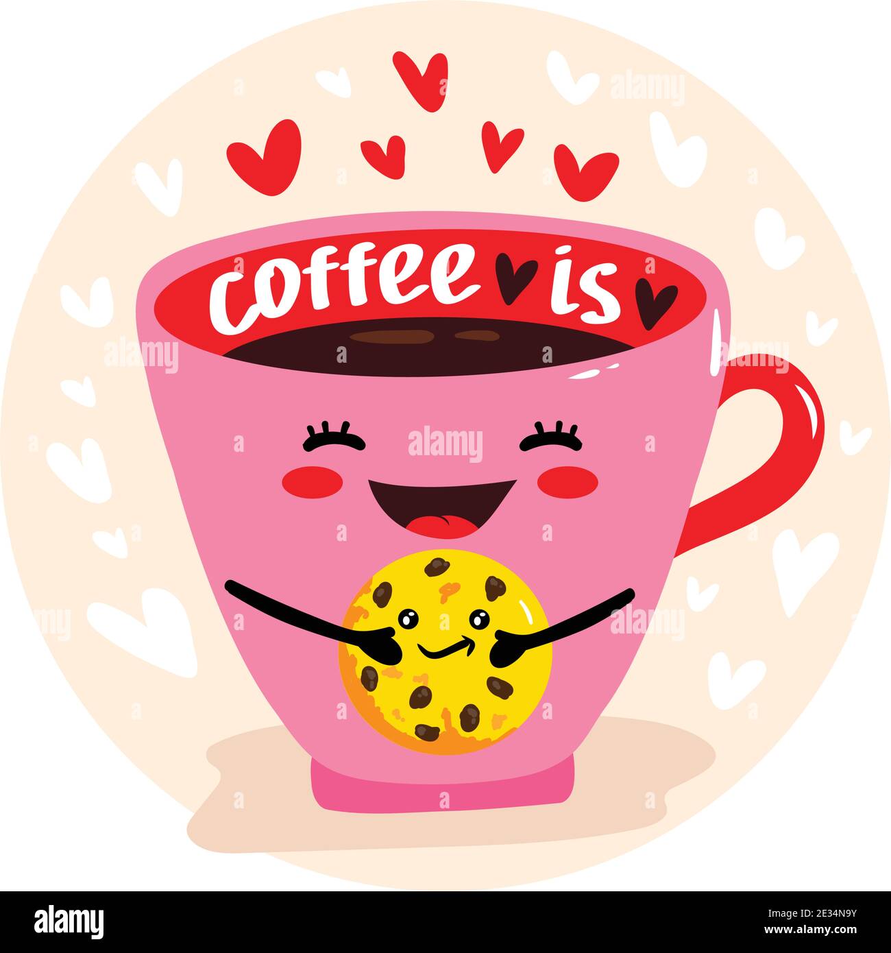 https://c8.alamy.com/comp/2E34N9Y/cute-vector-illustration-of-cup-of-coffee-holds-cookies-happy-kawaii-character-with-smiling-face-hearts-and-text-coffee-time-card-poster-print-2E34N9Y.jpg