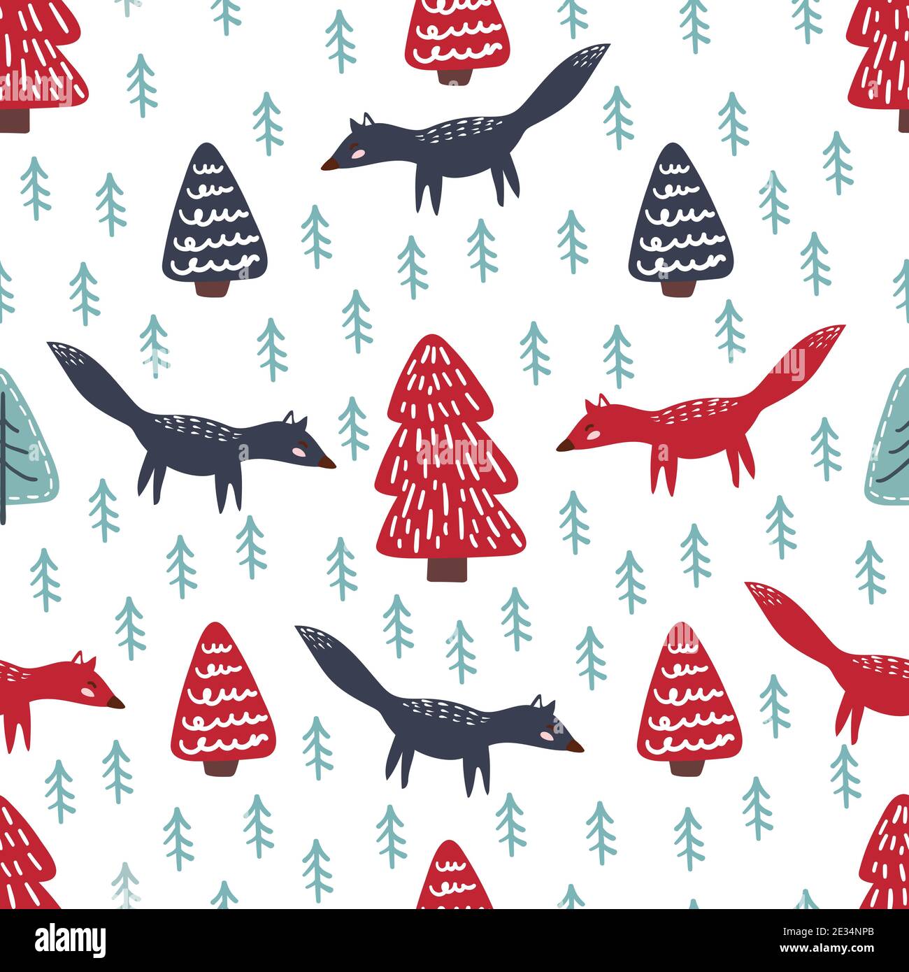 Cute vector seamless pattern with foxes, Christmas trees, forest in Scandinavian style. Stock Vector