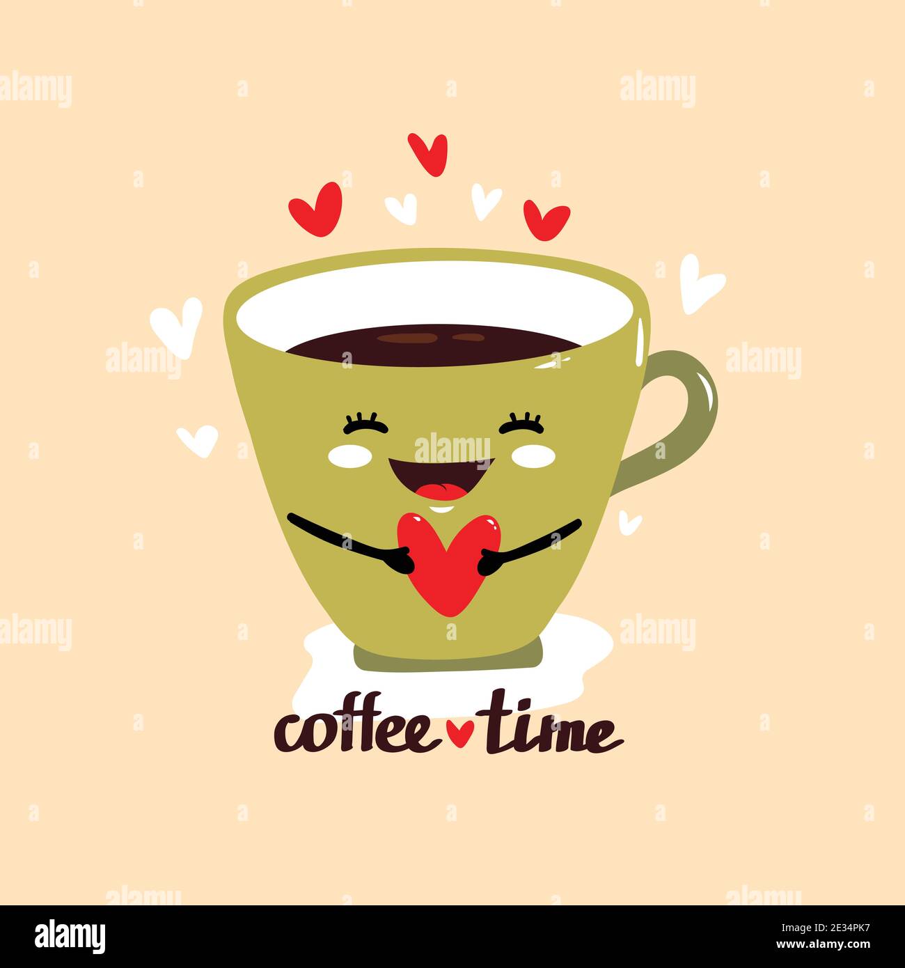 Cute vector illustration of cup of coffee holds red heart. Happy kawaii character with smiling face, hearts and text - coffee time. Card, poster, prin Stock Vector