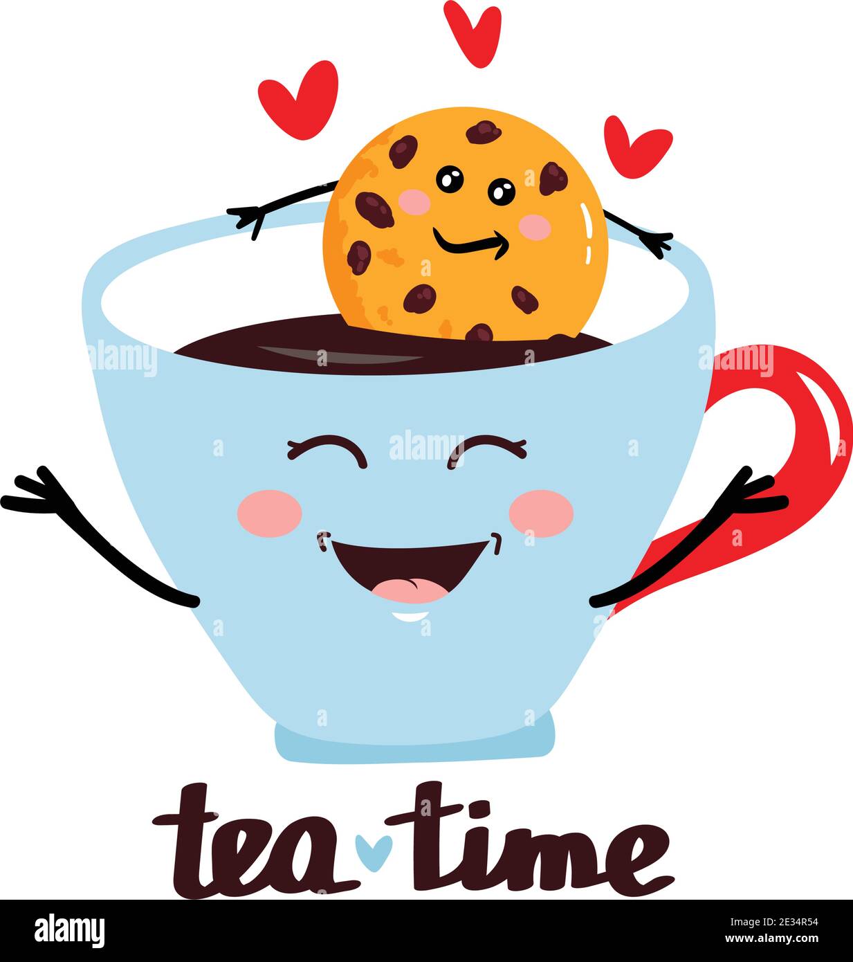 Cute flat kawaii Mug with Tea, Tea Package and fun cookie. Happy morning,  tea time vector Illustration Stock Vector Image & Art - Alamy