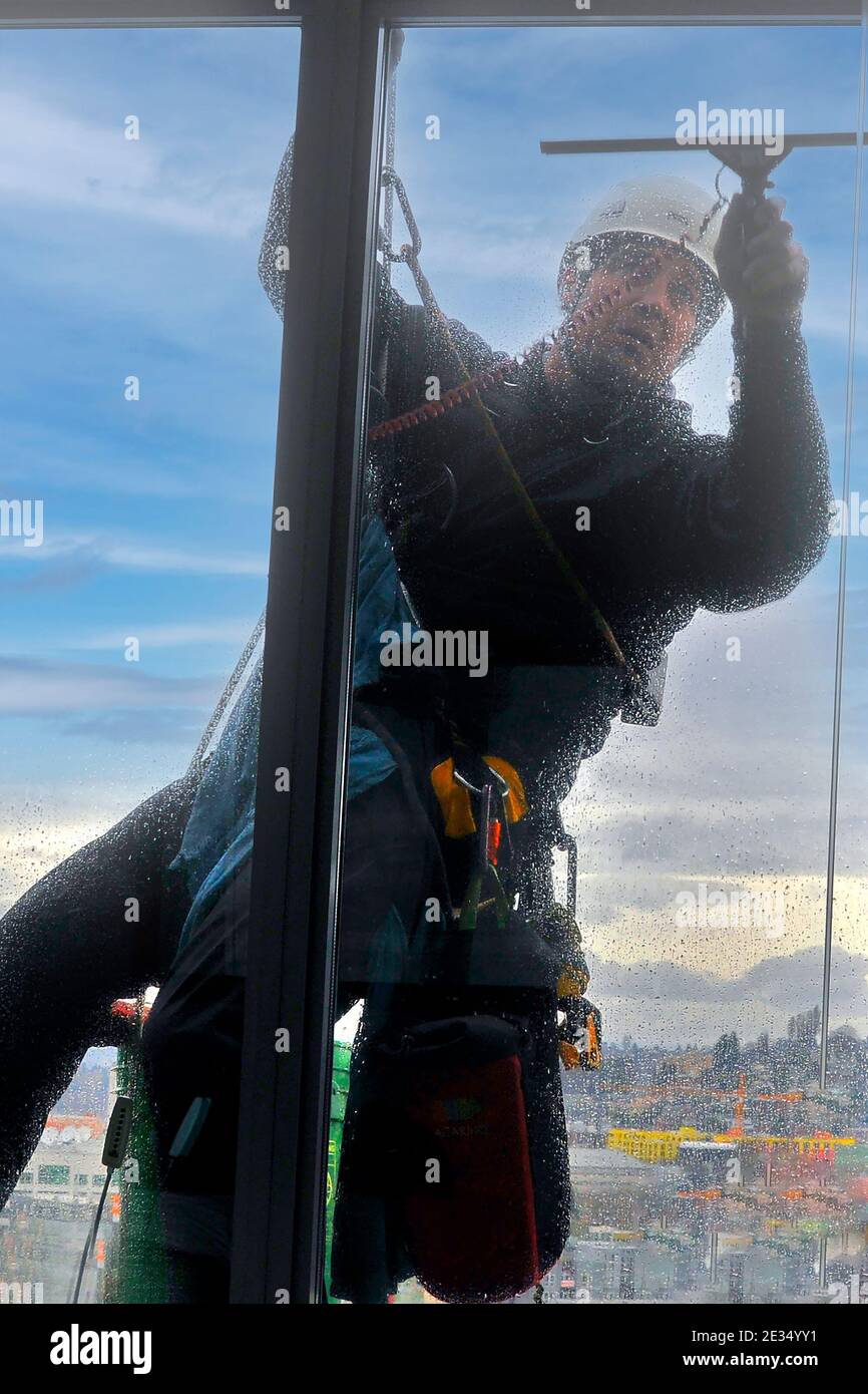 Professional window washers clean windows, Seattle, USA Stock Photo Alamy