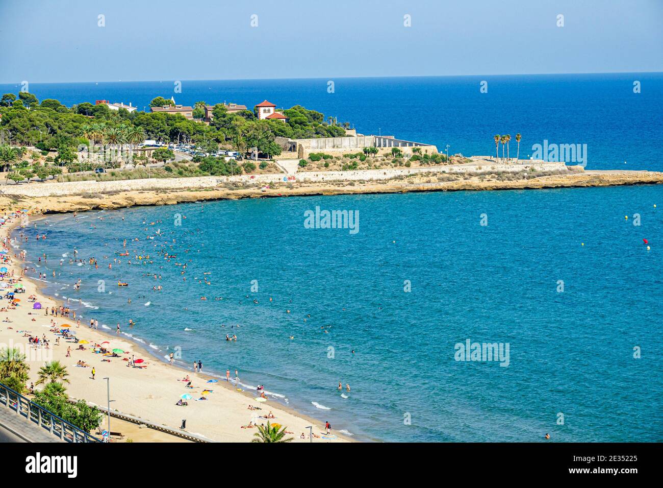 Spain Tarragona Hispanic Catalonia Catalunya Mediterranean Sea ocean viewpoint scenic lookout Platja del Miracle beach Stock Photo