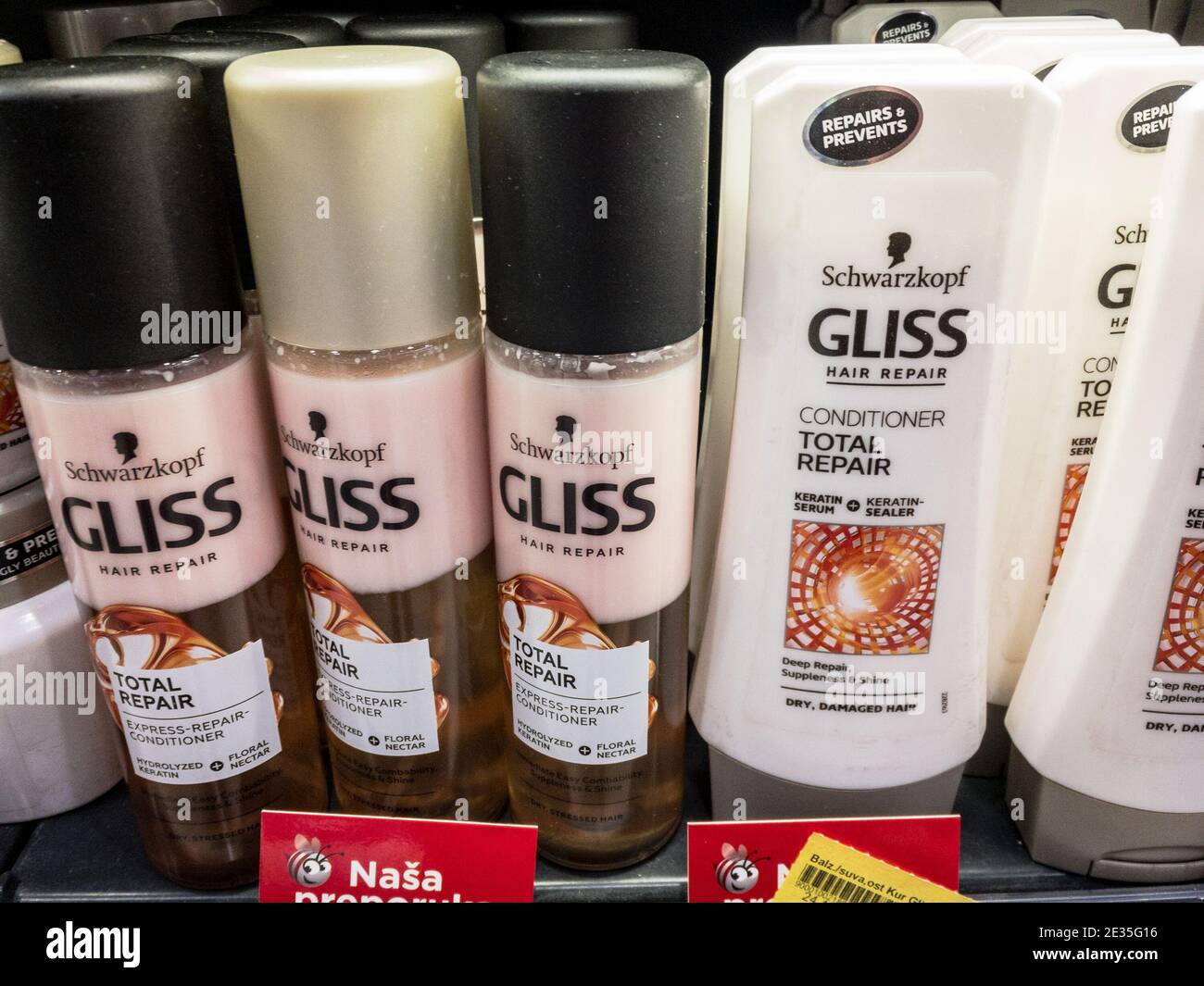 BELGRADE, SERBIA - DECEMBER 30, 2020: schwarzkopf products, hair repair spray and shampoo conditioner of Gliss, for sale. schwarzkopf is a cosmetics a Stock Photo