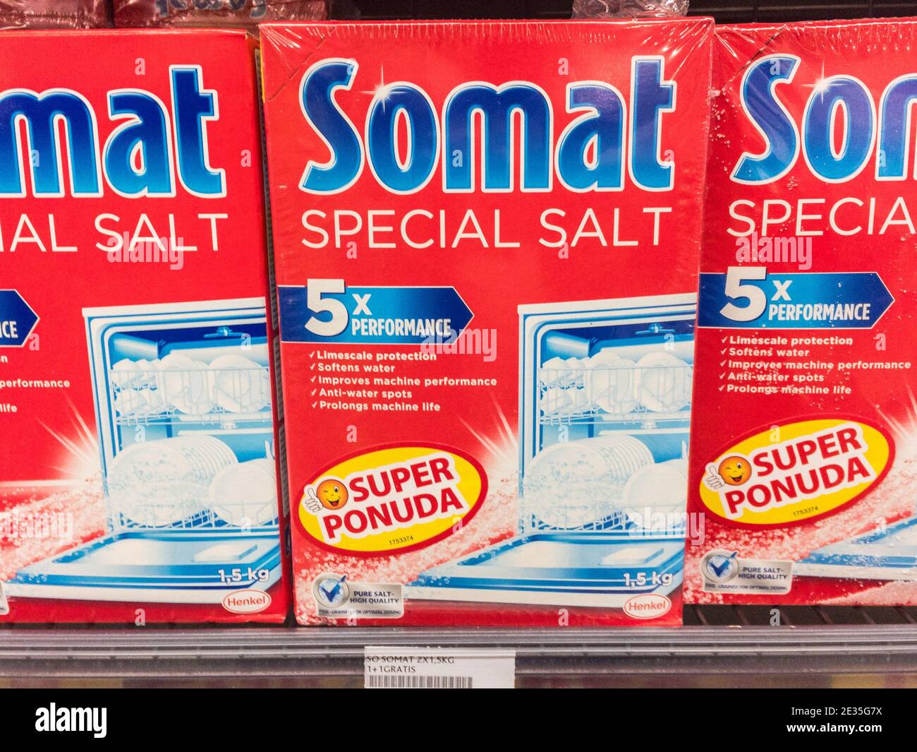 BELGRADE, SERBIA - JANUARY 10, 2021: Somat logo on boxes of dishawasher cleaning detergent tablets for sale. Somat, part of Henkel, is a brand of hous Stock Photo