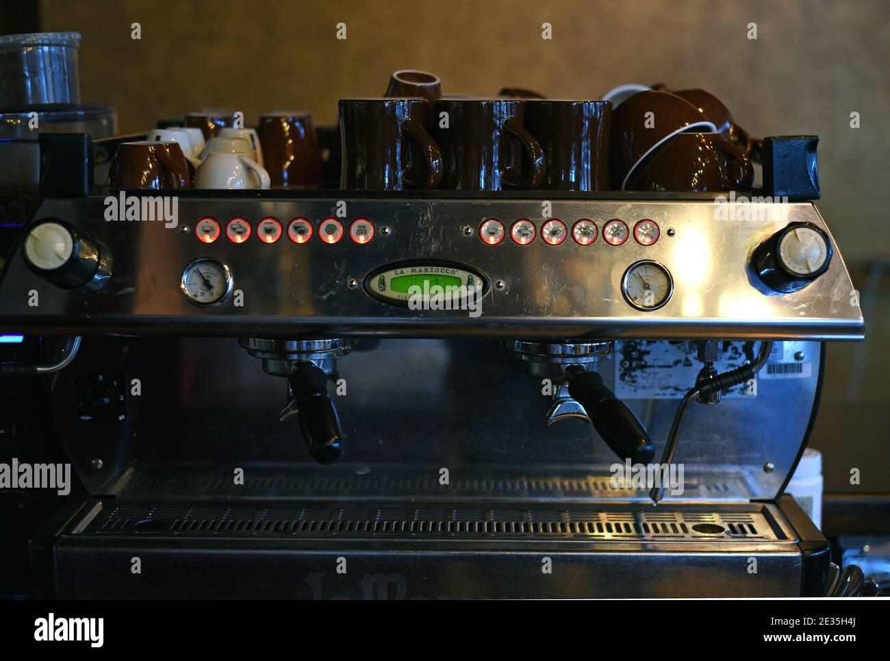 An Italian made La Marzocco espresso coffee machine in a restaurant Stock Photo