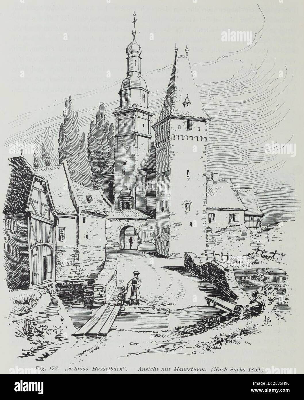 Luthmer II-177-Schloss Hasselbach Ansicht mit Mauerturm (nach Sachs 1859). Stock Photo