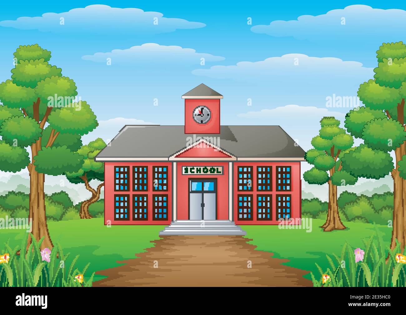 Vector illustration of Cartoon school building with green yard Stock Vector  Image & Art - Alamy