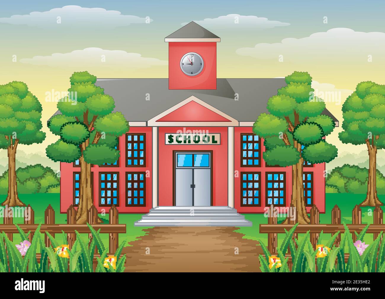 Vector illustration of Cartoon school building with green yard Stock Vector