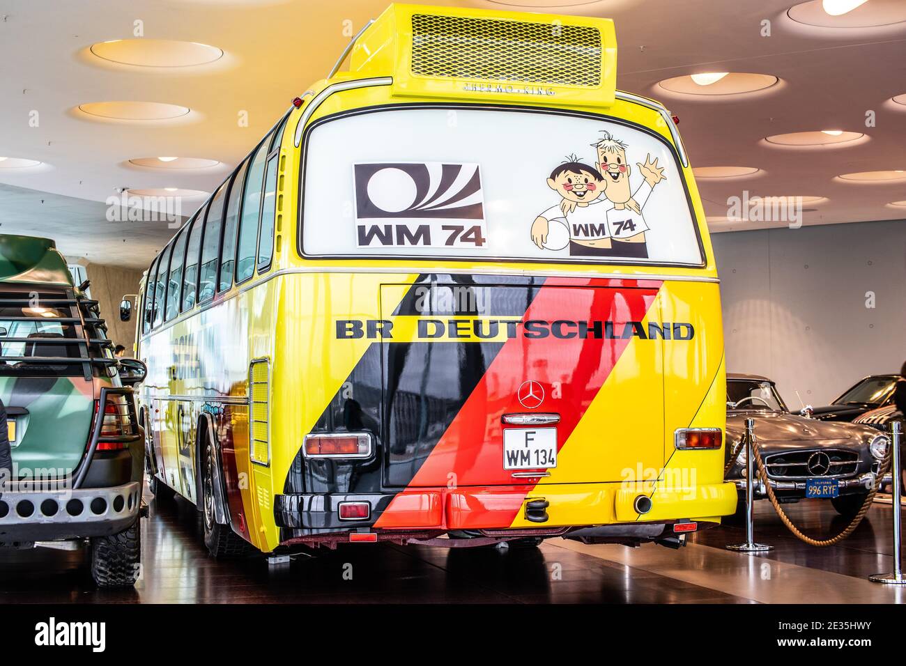 STUTTGART, GERMANY, 2019: The touring coach Mercedes-Benz O302, of National football team of the World Championship in 1974 at Mercedes-Benz Museum Stock Photo