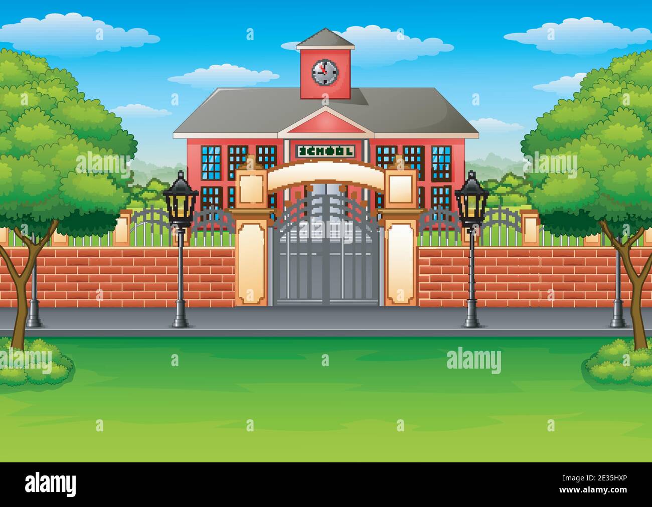 Vector illustration of School building and green lawn Stock Vector ...