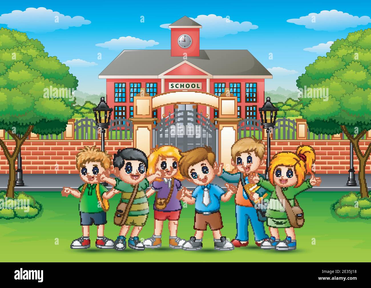 Vector illustration of Happy school children standing in front of ...