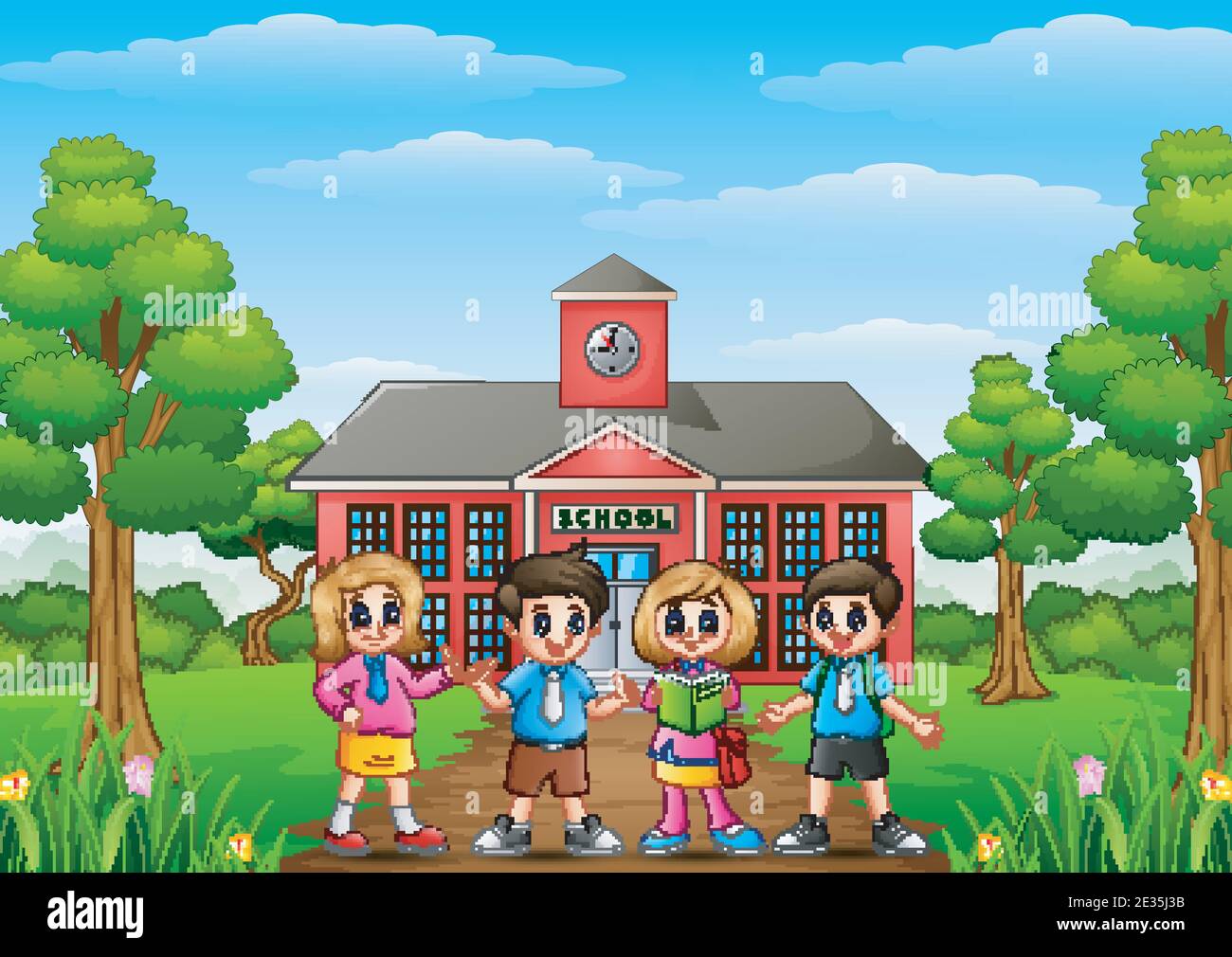 Vector illustration of Happy school children standing in front of school building Stock Vector