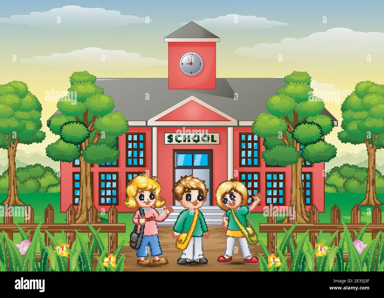 Vector illustration of Happy school children standing in front of ...