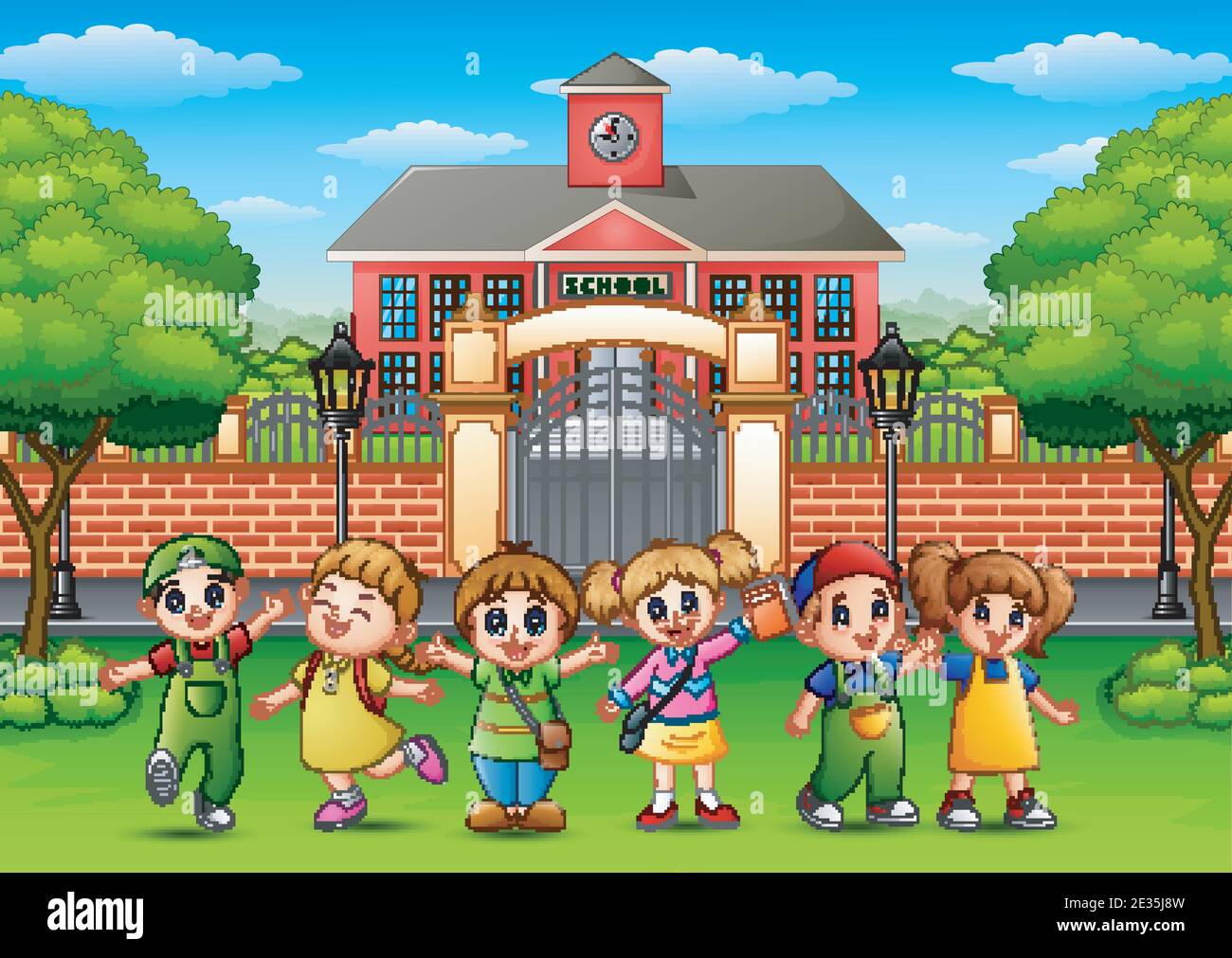 Vector illustration of Happy school children standing in front of ...