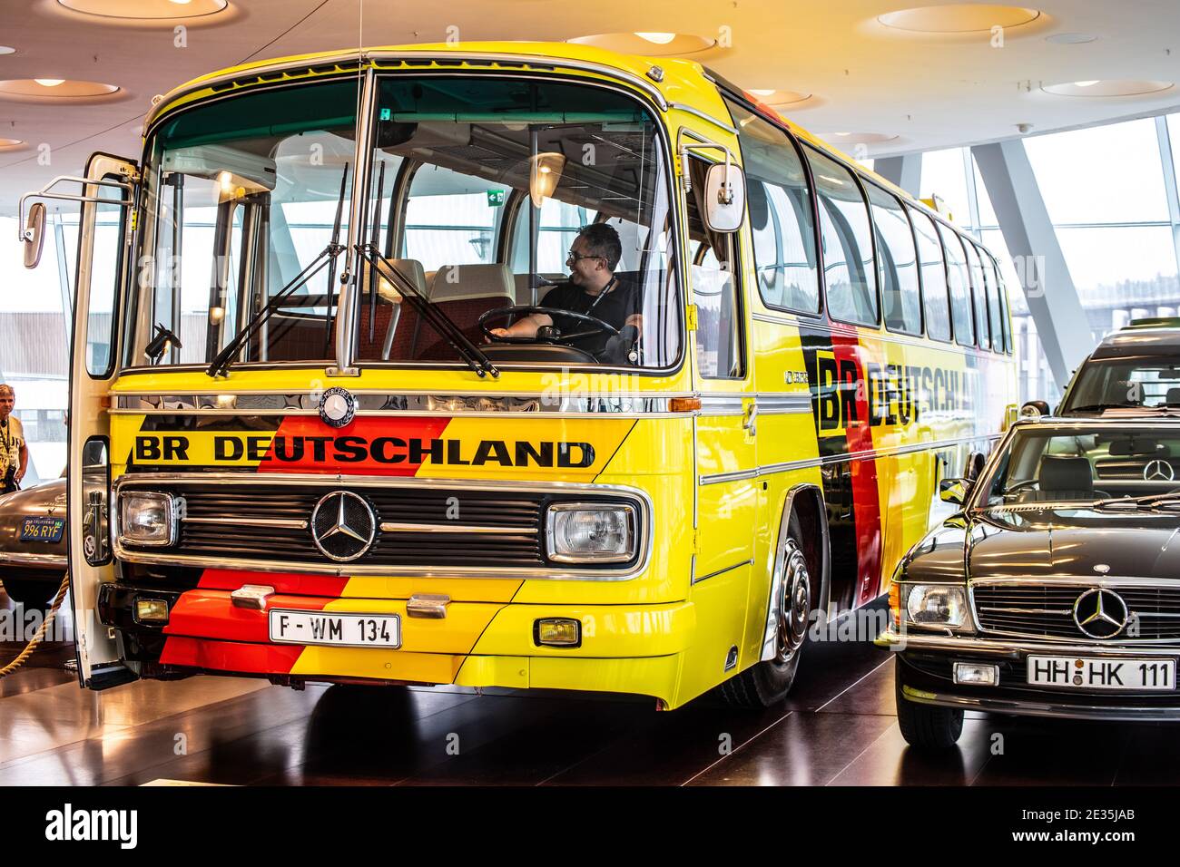 STUTTGART, GERMANY, 2019: The touring coach Mercedes-Benz O302, of National football team of the World Championship in 1974 at Mercedes-Benz Museum Stock Photo