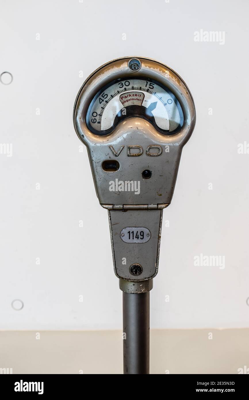STUTTGART, GERMANY, 2019: Old street parking meter with a slot for inserting a coin, parking time expired at Mercedes-Benz Museum Stock Photo