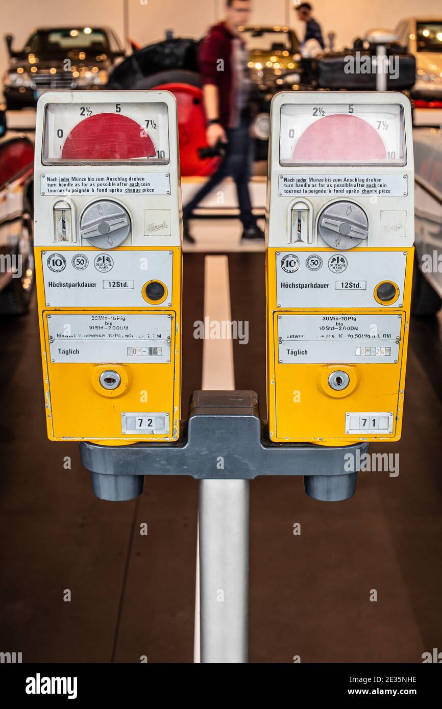 STUTTGART, GERMANY, 2019: Old street parking meter with a slot for inserting a coin, parking time expired at Mercedes-Benz Museum Stock Photo
