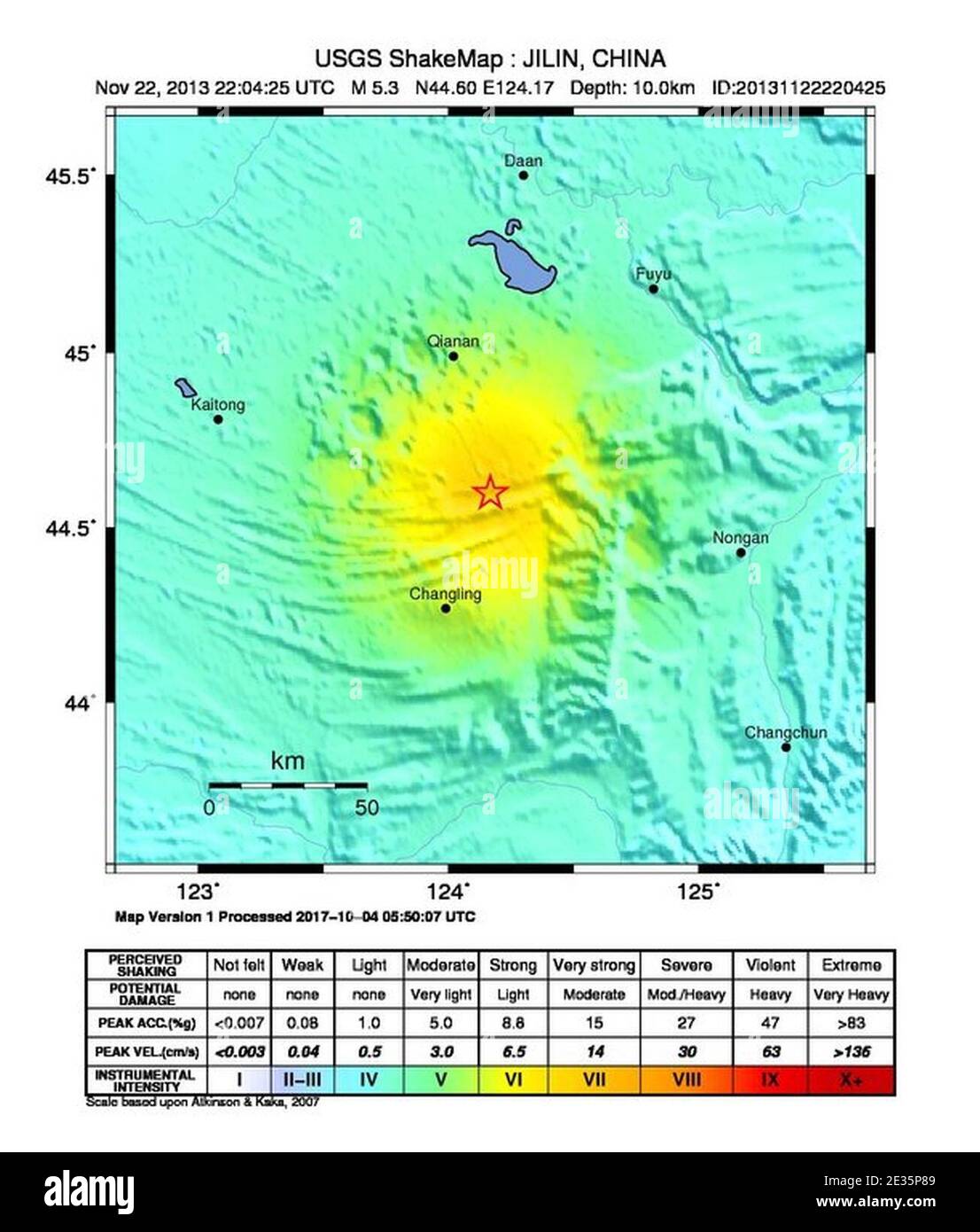 M 5.3 - 39km NNE of Changling, China - intensity. Stock Photo