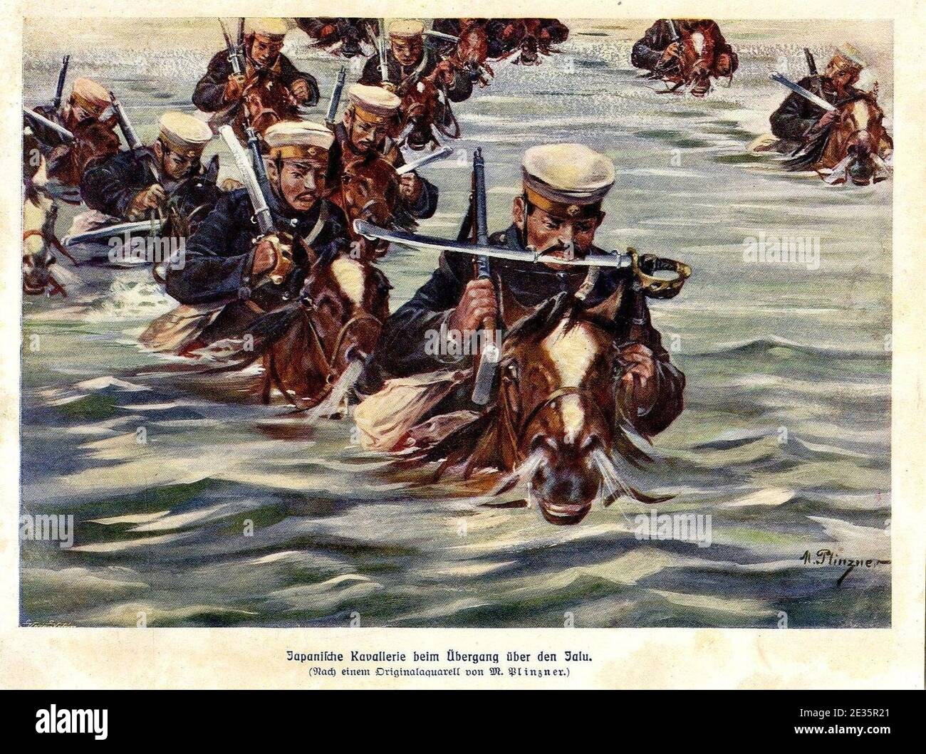 M. Plinzner - Japanische Kavallerie beim Übergang über den Jalu, 1905. Stock Photo