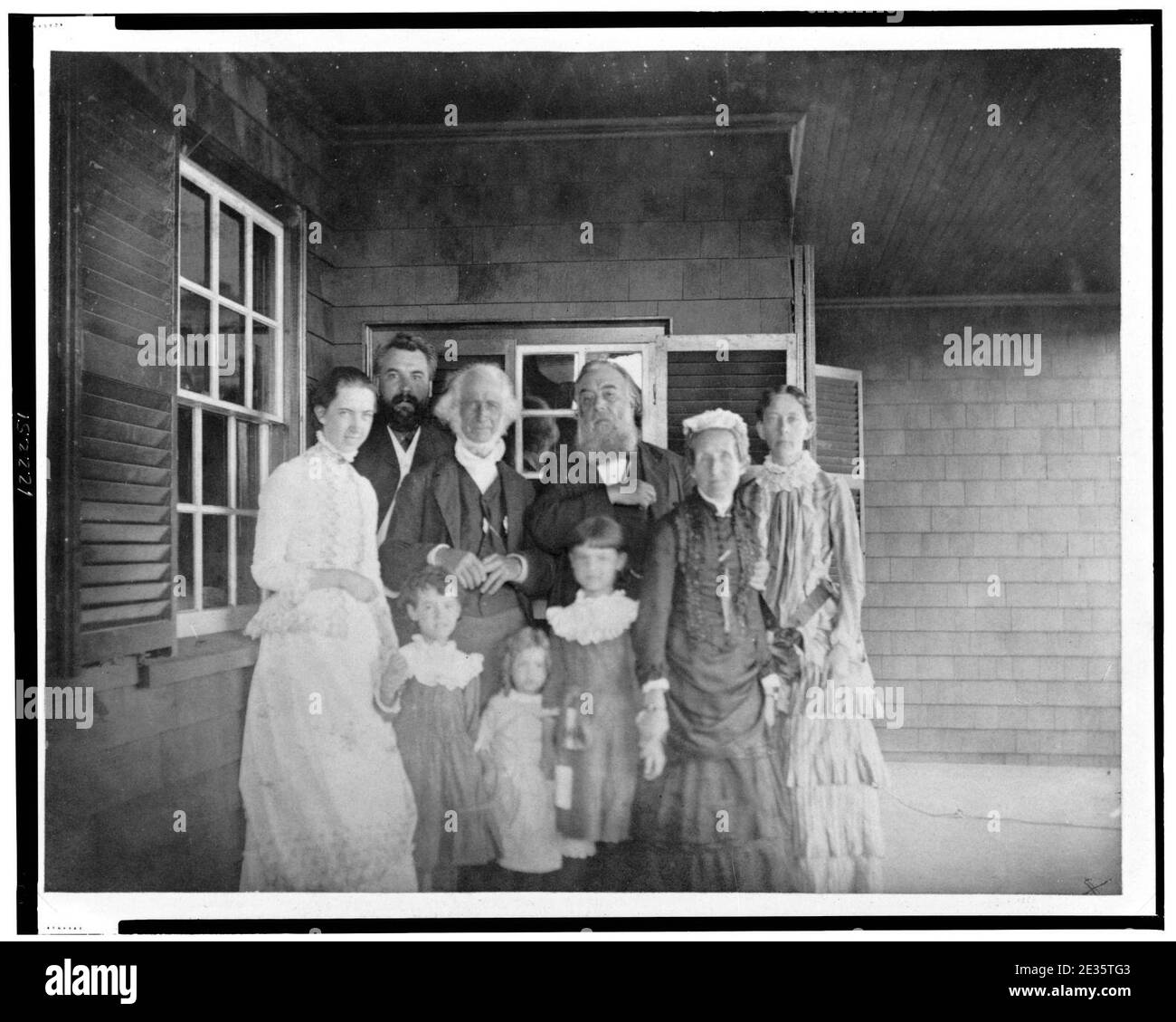 Mabel Hubbard Bell, Alexander Graham Bell, Dr. Bartol, Alexander Melville Bell, Eliza Grace Symonds, and Mary True with children, Daisy Bell, Gypsy Grossman, and Elsie Bell at the Hubbard Stock Photo