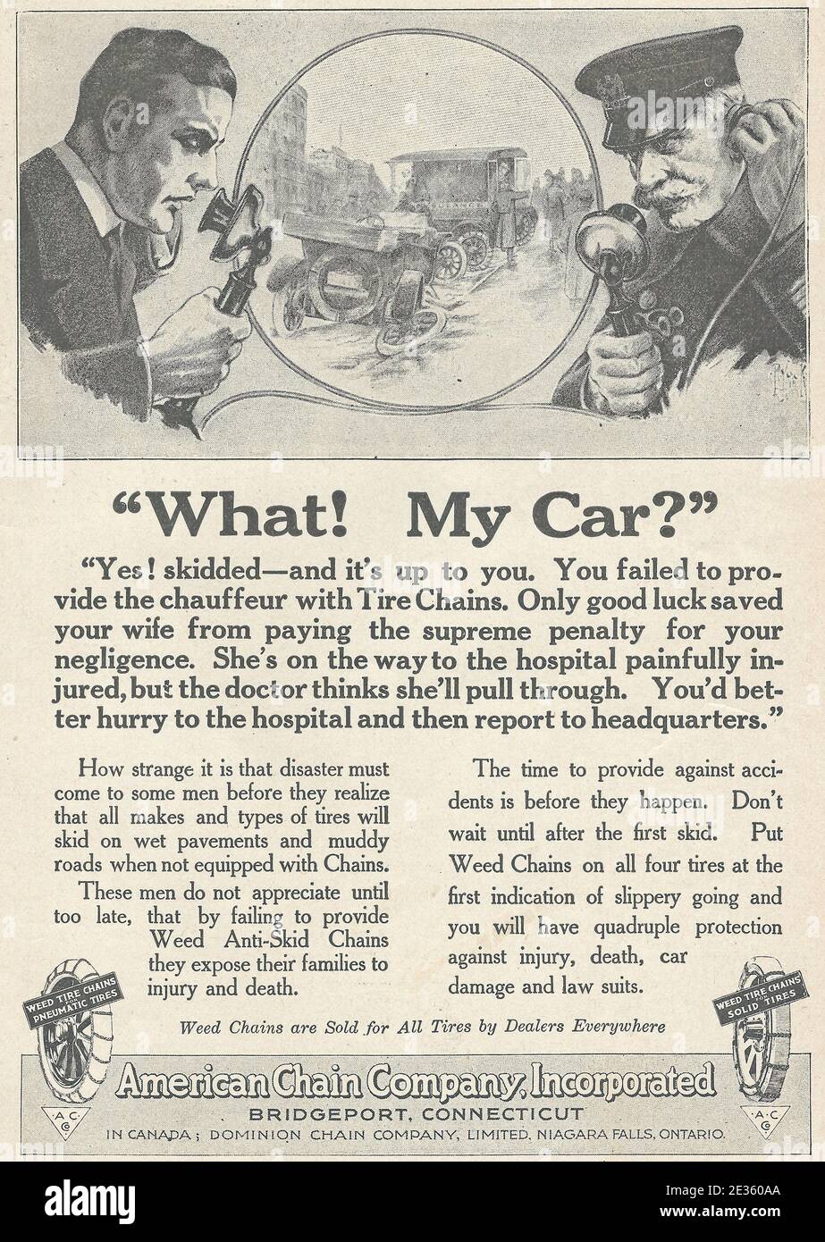 What, my car - Advertisement for American Chain Company, Incorporated, circa 1919 Stock Photo