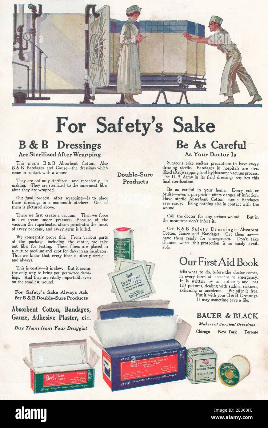 For Safety's Sake - Advertisement for B & B (Bauer & Black) Dressings, circa 1919 Stock Photo