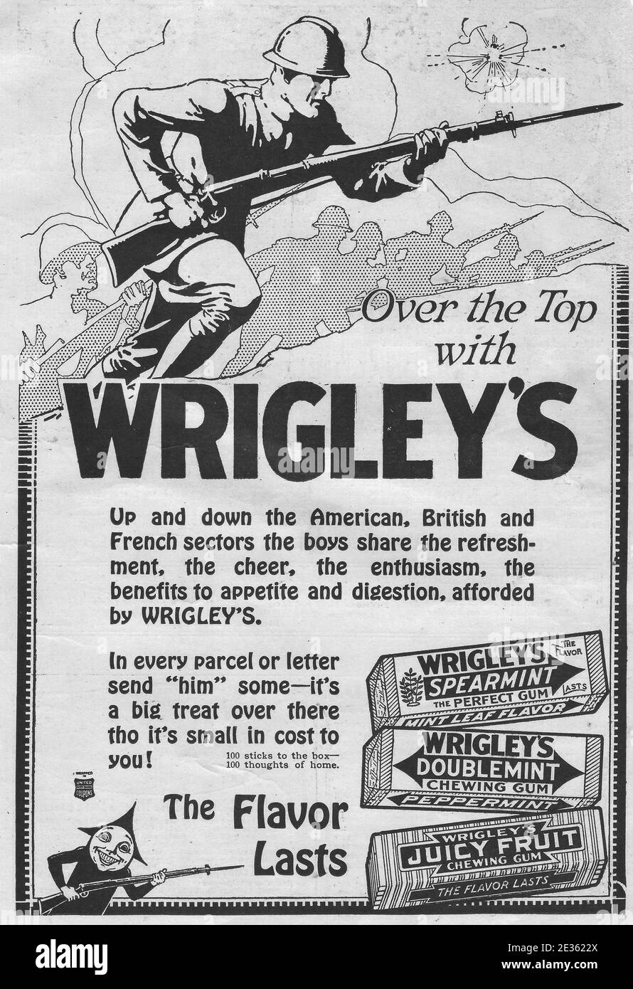 Over the top with Wrigley's - Advertisement for Wrigley's Gum during World War I, circa 1918 Stock Photo