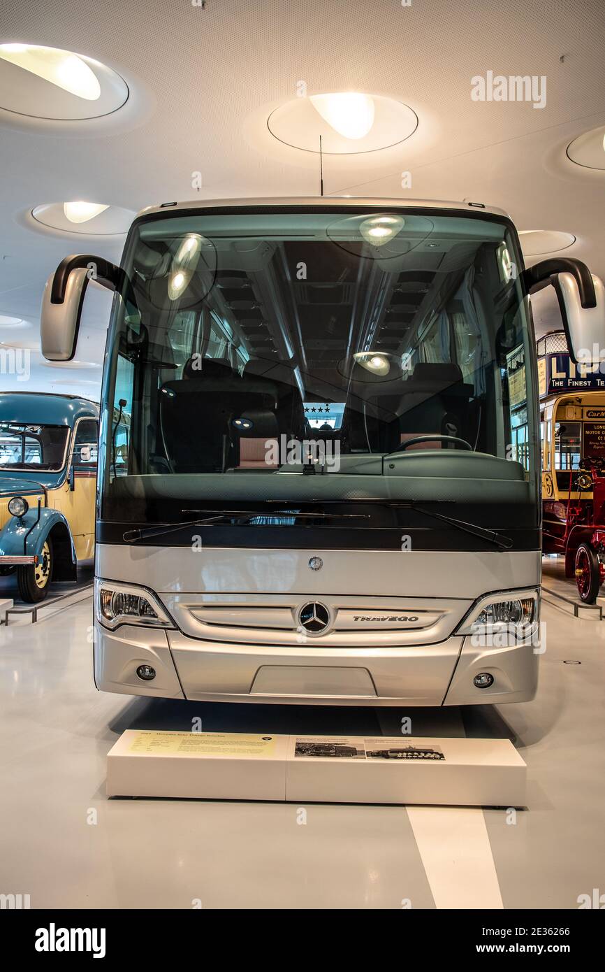 STUTTGART, GERMANY, 2019: 2009 The touring coach Mercedes-Benz Travego at Mercedes-Benz Museum Stock Photo