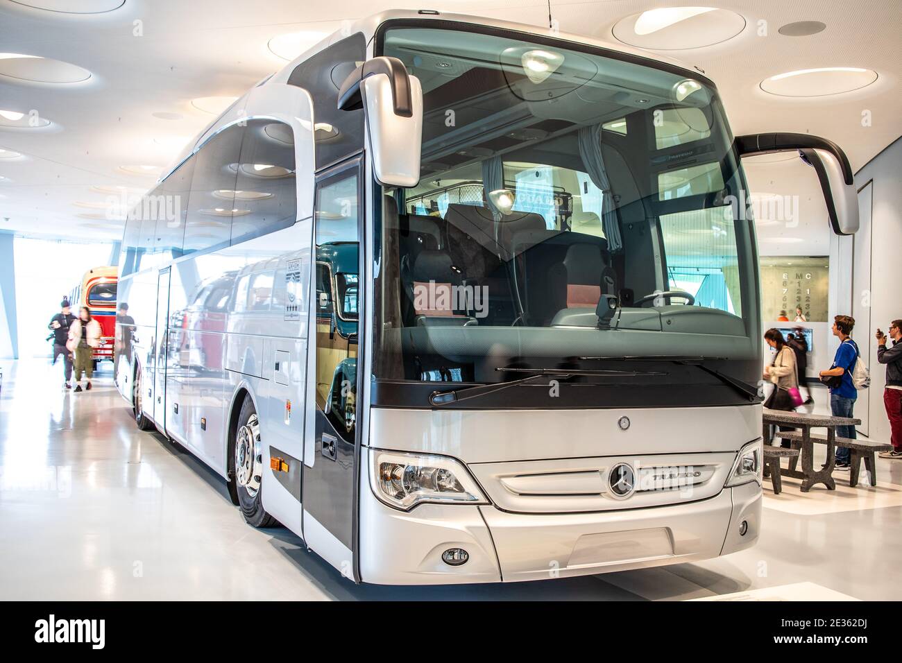 STUTTGART, GERMANY, 2019: 2009 The touring coach Mercedes-Benz Travego at Mercedes-Benz Museum Stock Photo