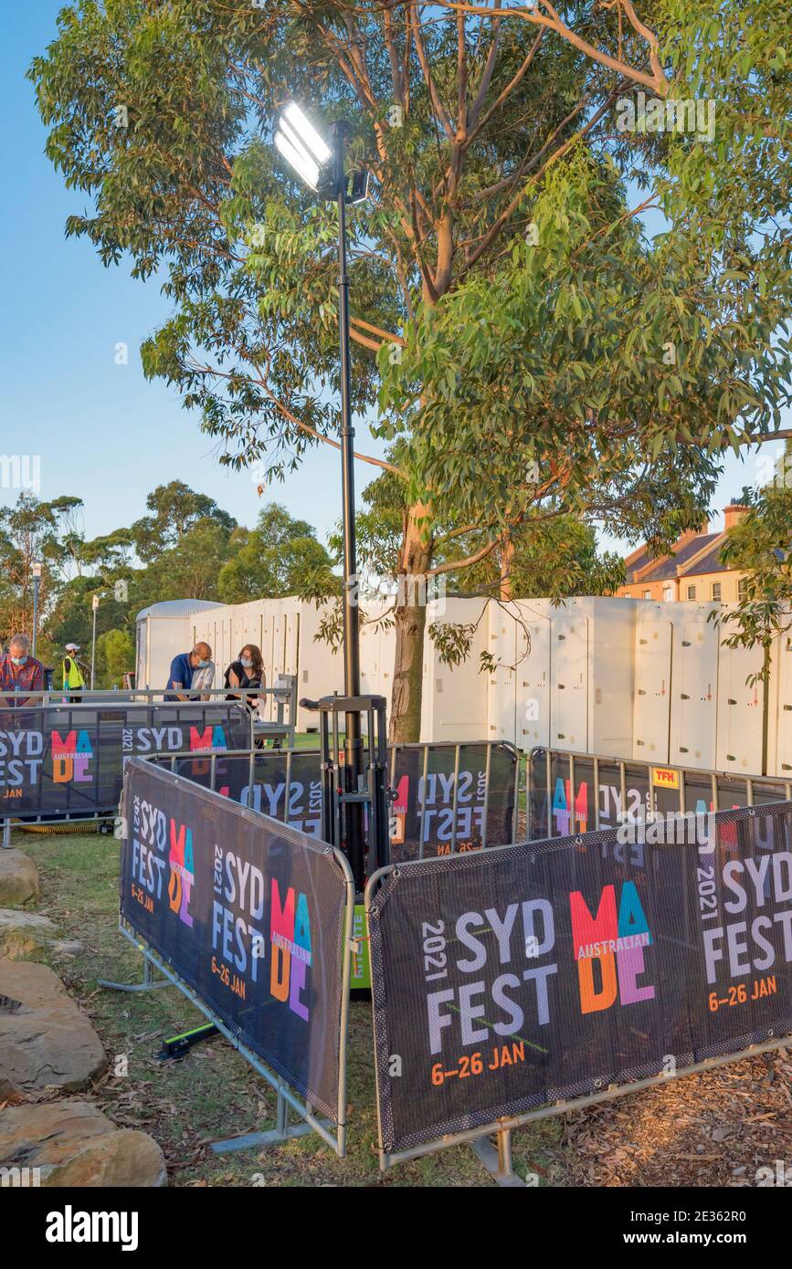 A new light weight and compact LED lighting tower in use at the Sydney Festival in Australia Stock Photo