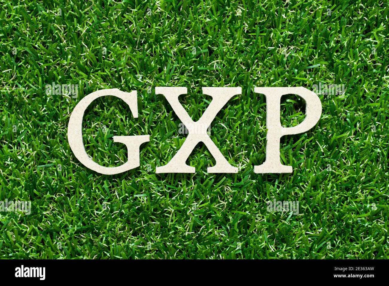 Wood alphabet letter in word GXP on green grass background Stock Photo