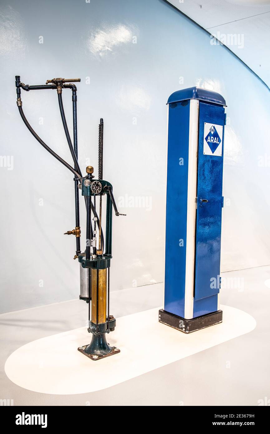 STUTTGART, GERMANY, 2019: An old classic and obsolete Shell Diesel fuel pump, vintage petrol pumps at Mercedes-Benz Museum Stock Photo