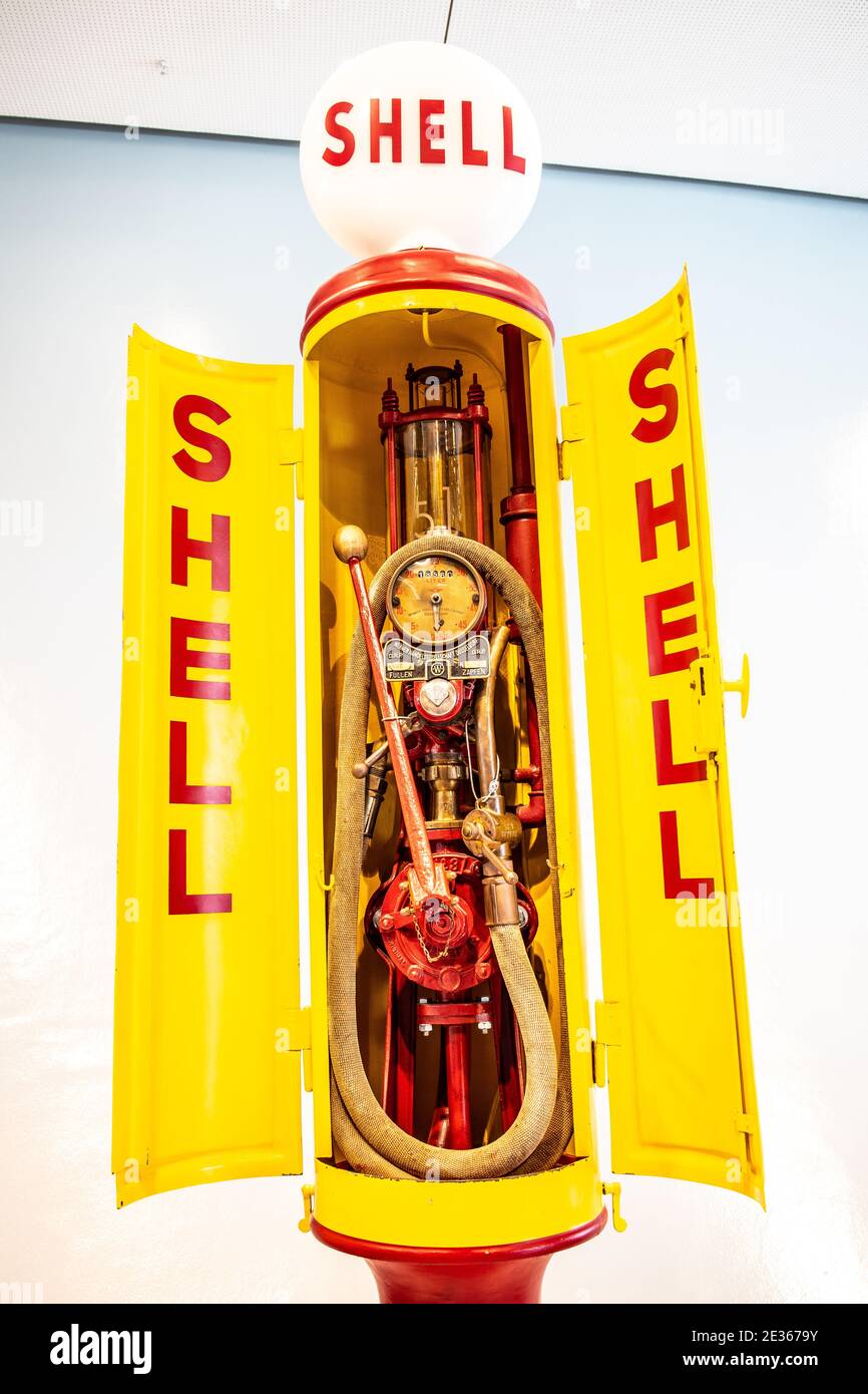 STUTTGART, GERMANY, 2019: An old classic and obsolete Shell Diesel fuel pump, vintage petrol pumps at Mercedes-Benz Museum Stock Photo