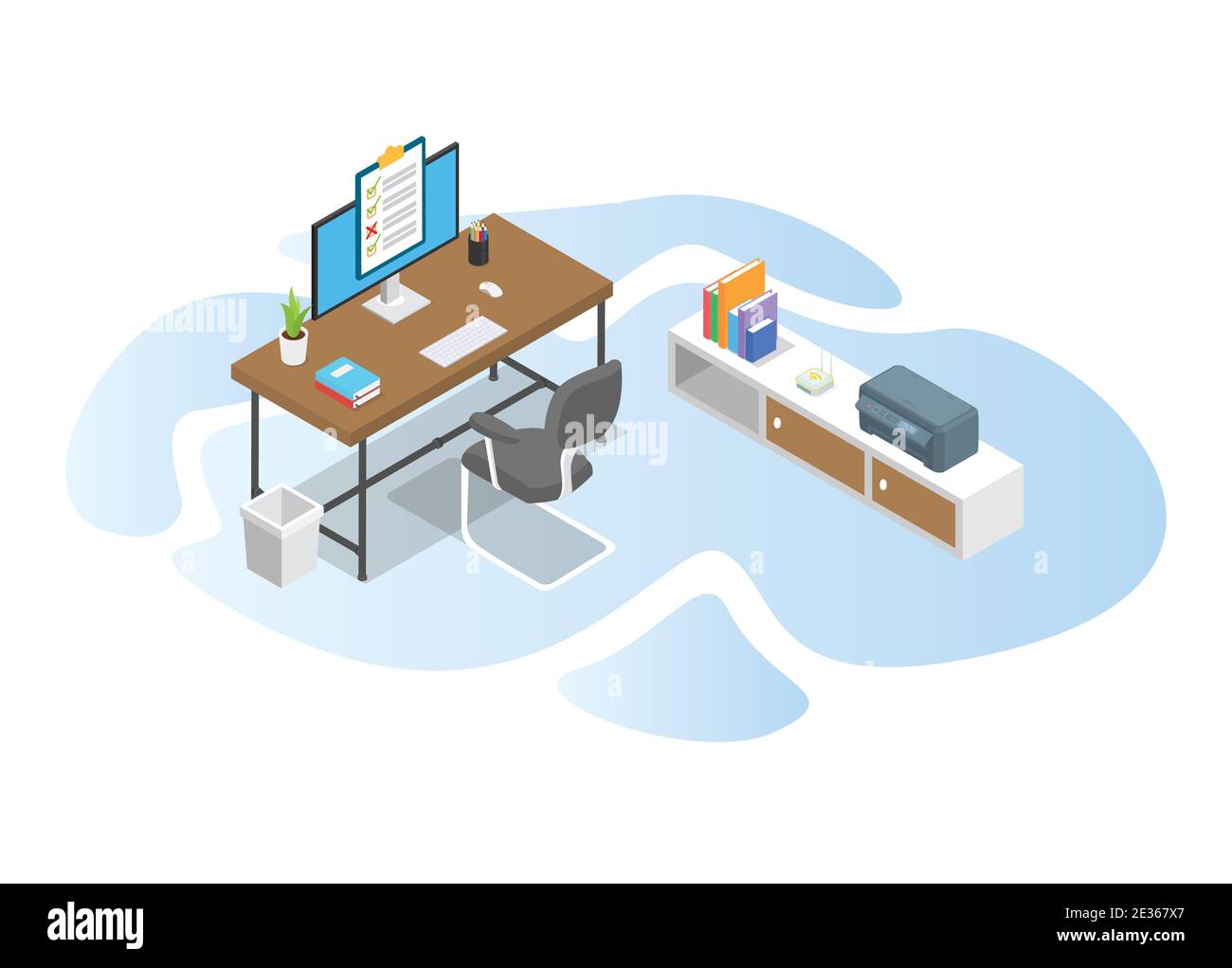 work time with work desk table concept with modern isometric or 3d style vector illustration Stock Photo