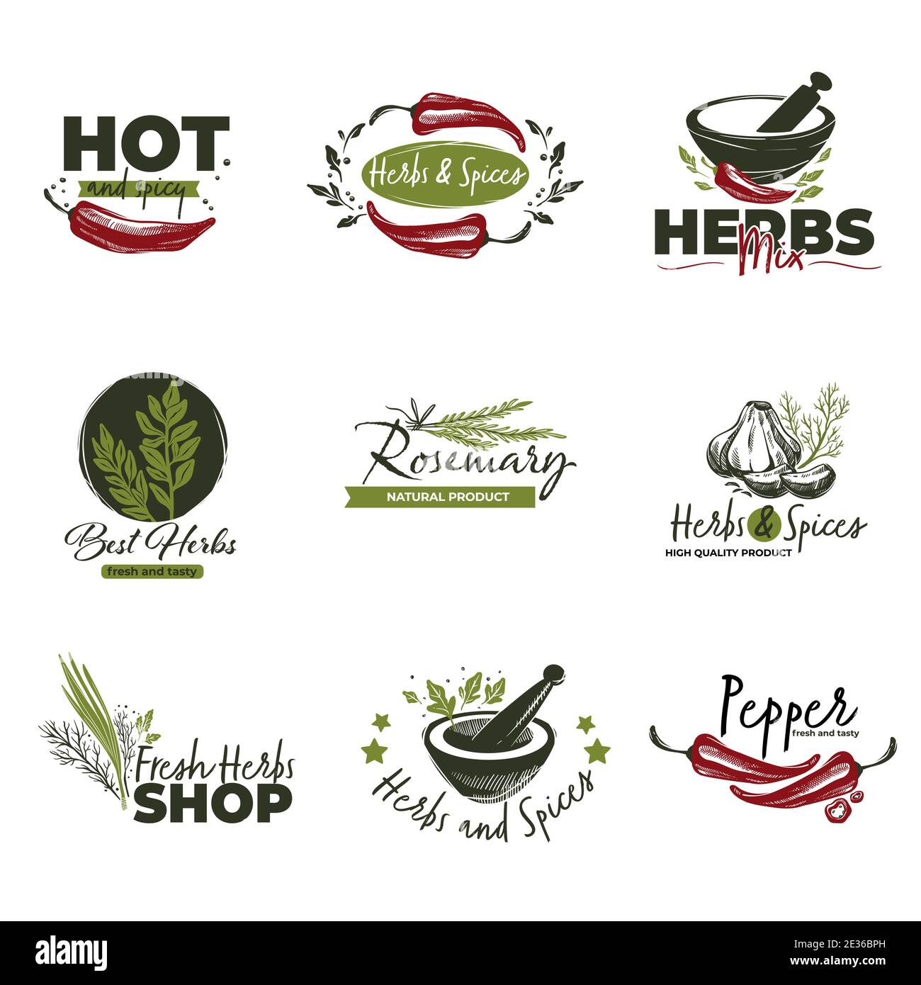 Hot chilli pepper, herbs and spices labels vector Stock Vector